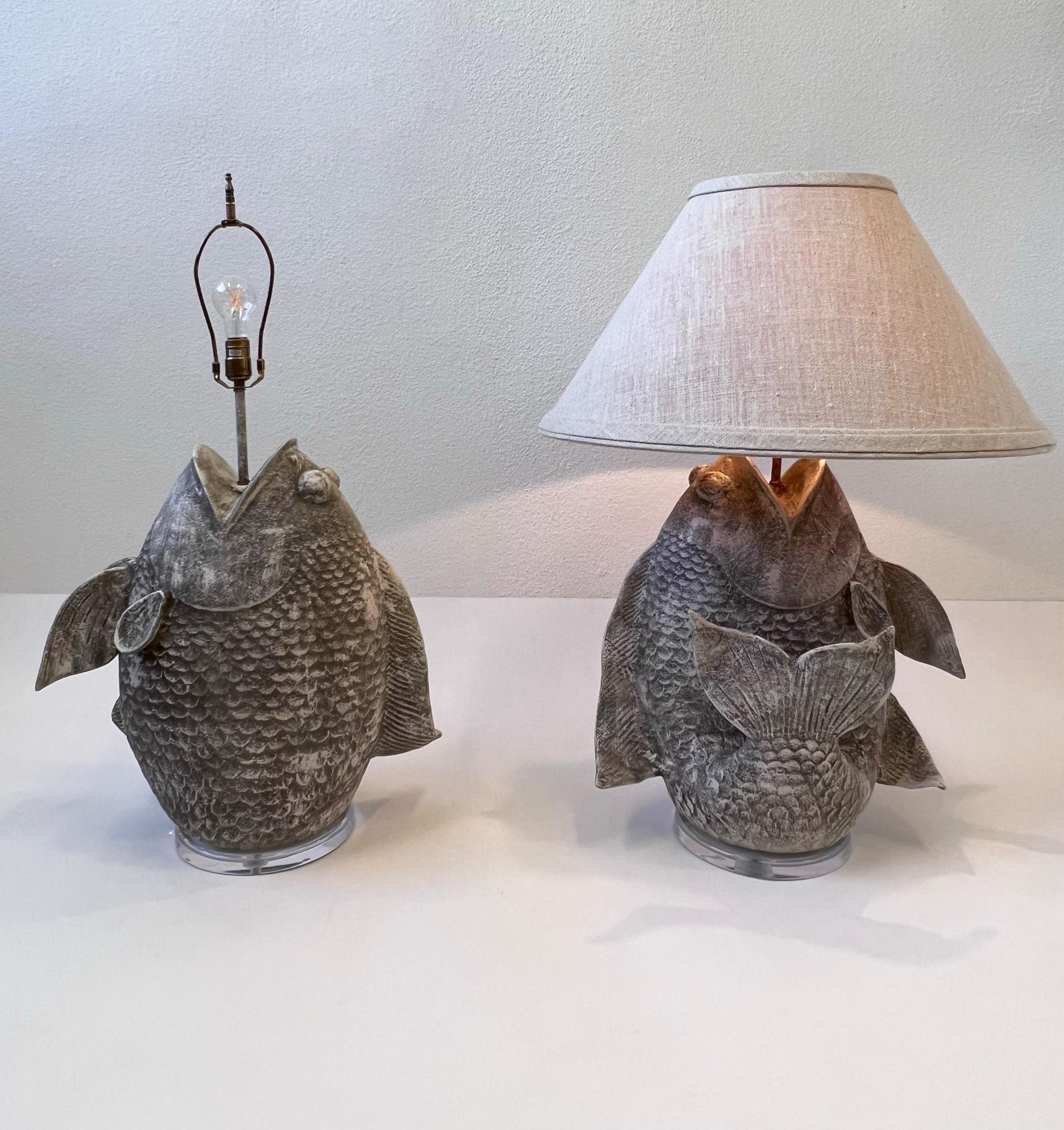 Hand-Crafted Custom Pair of Plaster Fish Lamps Richard Ray for Steve Chase 