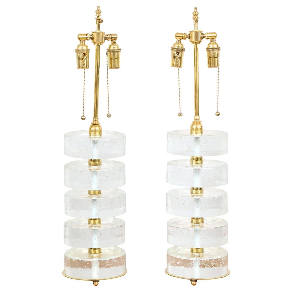 Paire de lampes sculpturales en verre cylindrique de Murano réalisées sur mesure en vente