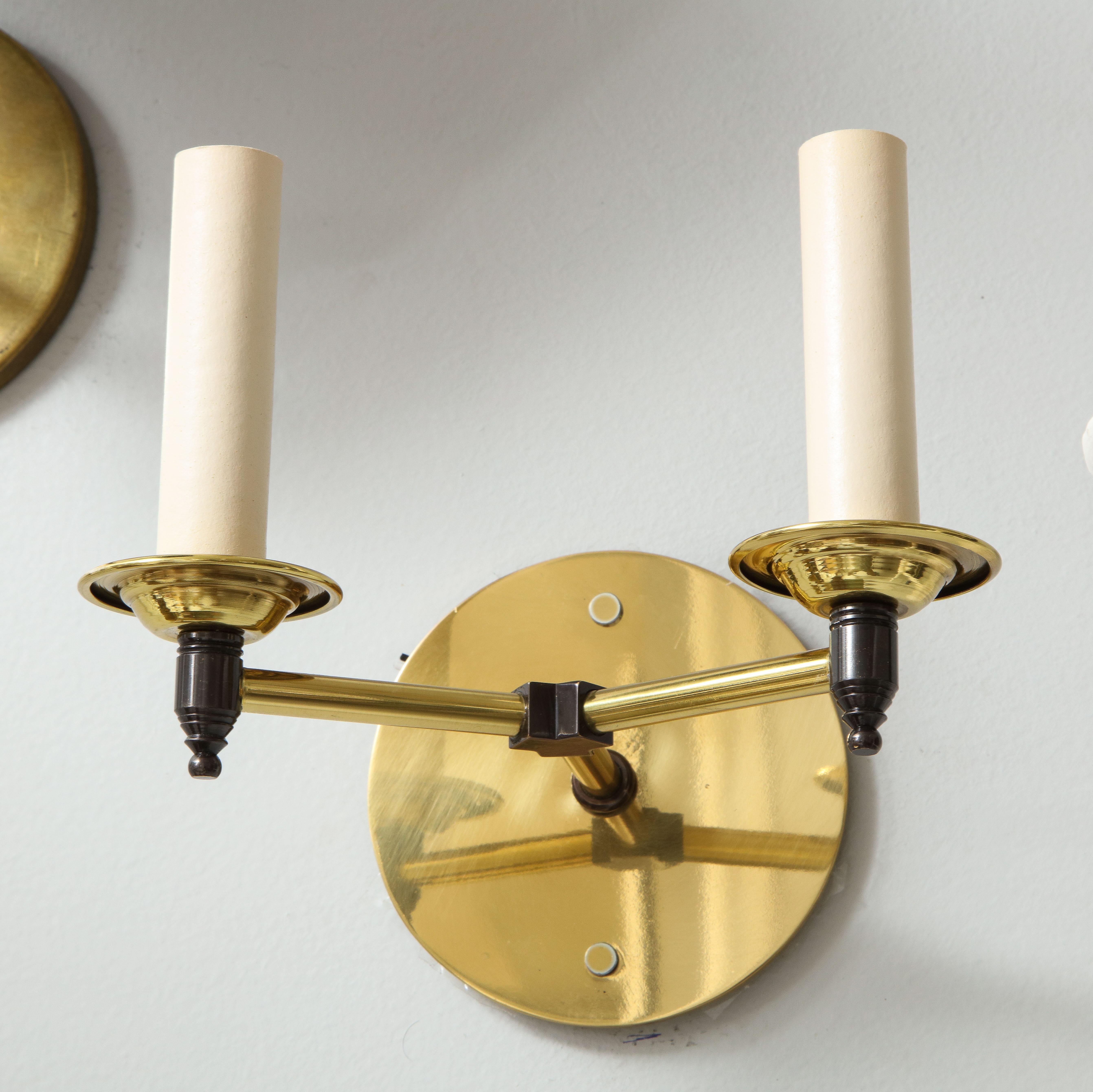 American Custom Pair of Two-Arm Brass Sconces in the Midcentury Manner For Sale