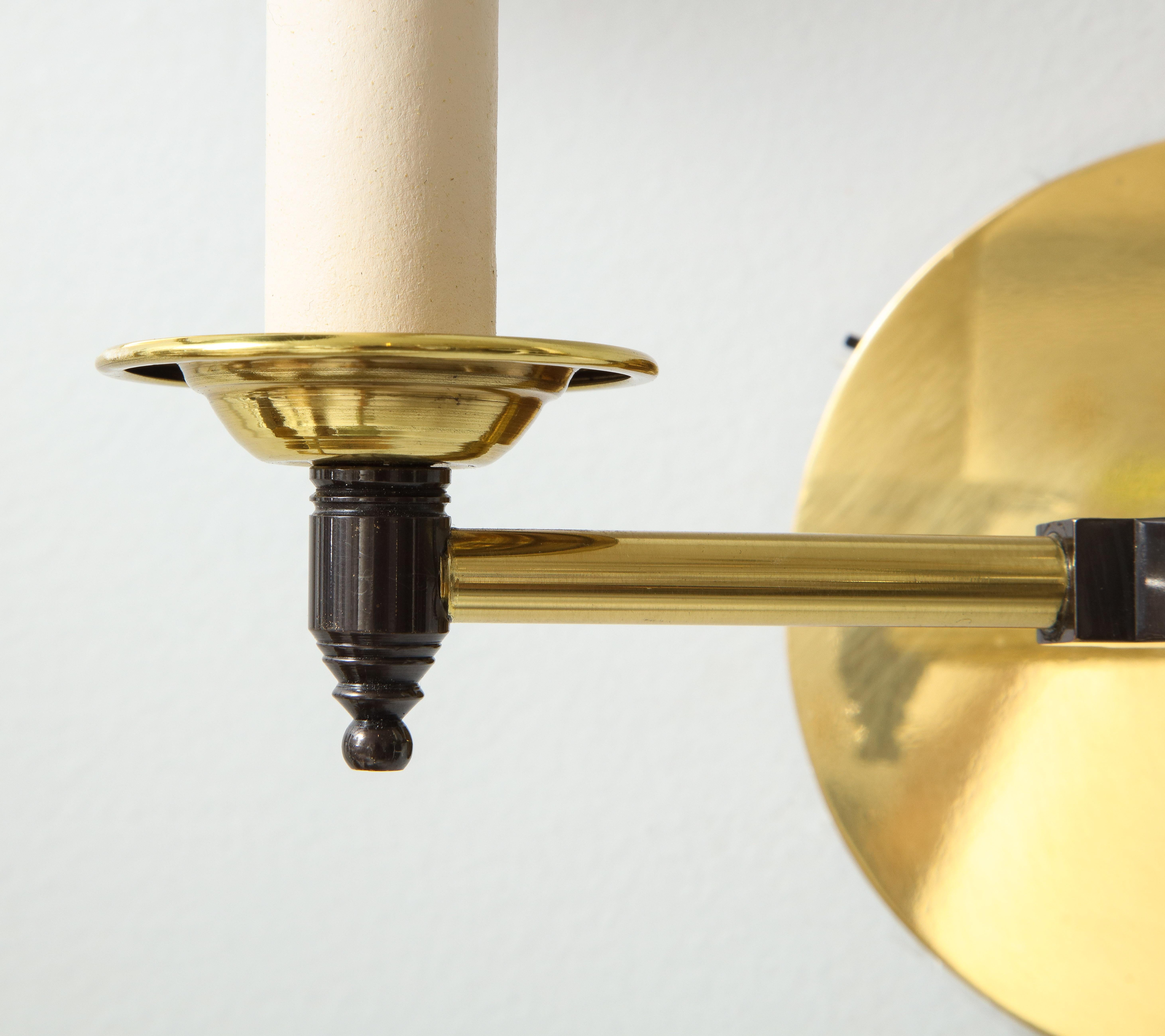 Contemporary Custom Pair of Two-Arm Brass Sconces in the Midcentury Manner For Sale