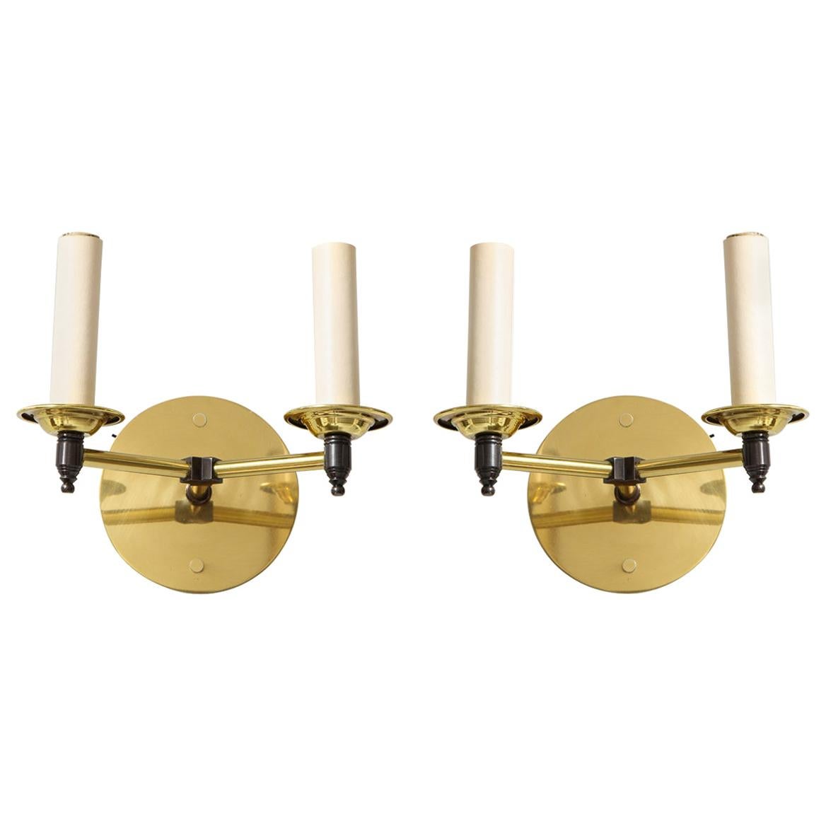 Custom Pair of Two-Arm Brass Sconces in the Midcentury Manner For Sale