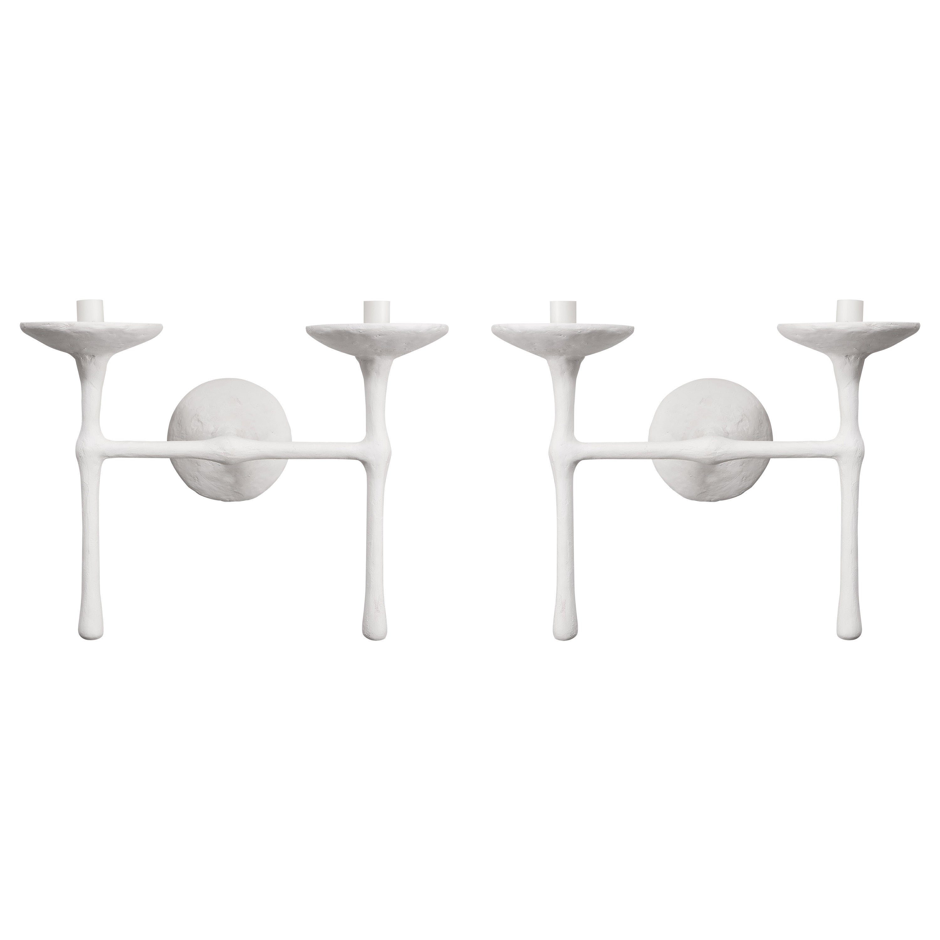 Custom Pair of Two-Arm Plaster Sconces in the Giacometti Manner