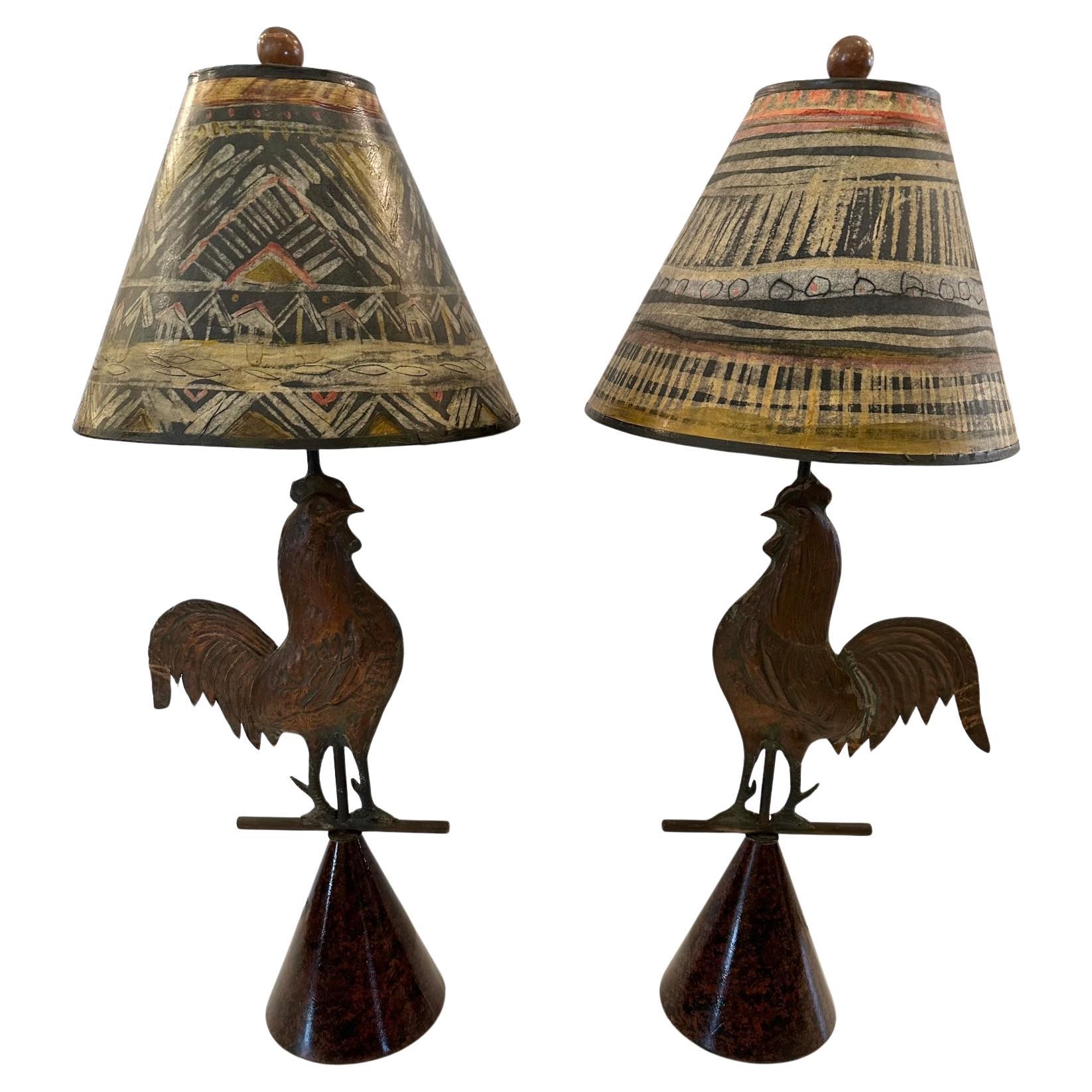 Custom Pair of Vintage Metal Rooster Lamps with Handpainted Shades For Sale