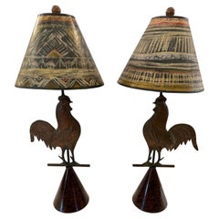 Custom Pair of Vintage Metal Rooster Lamps with Handpainted Shades