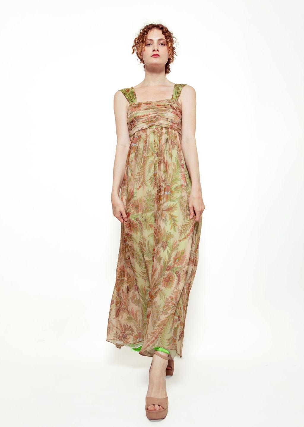 Wear this Custom dress made with Fabric from the Design house, Etro. 

The dress is made from a paisley print chiffon.  With it's hint of lime green lining that peeks through slightly. This dress features a hidden side zipper, and 1.5