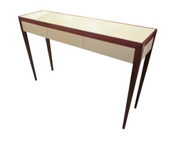 Maßgefertigte Konsole aus Pergament und Mahagoni mit drei Schubladen