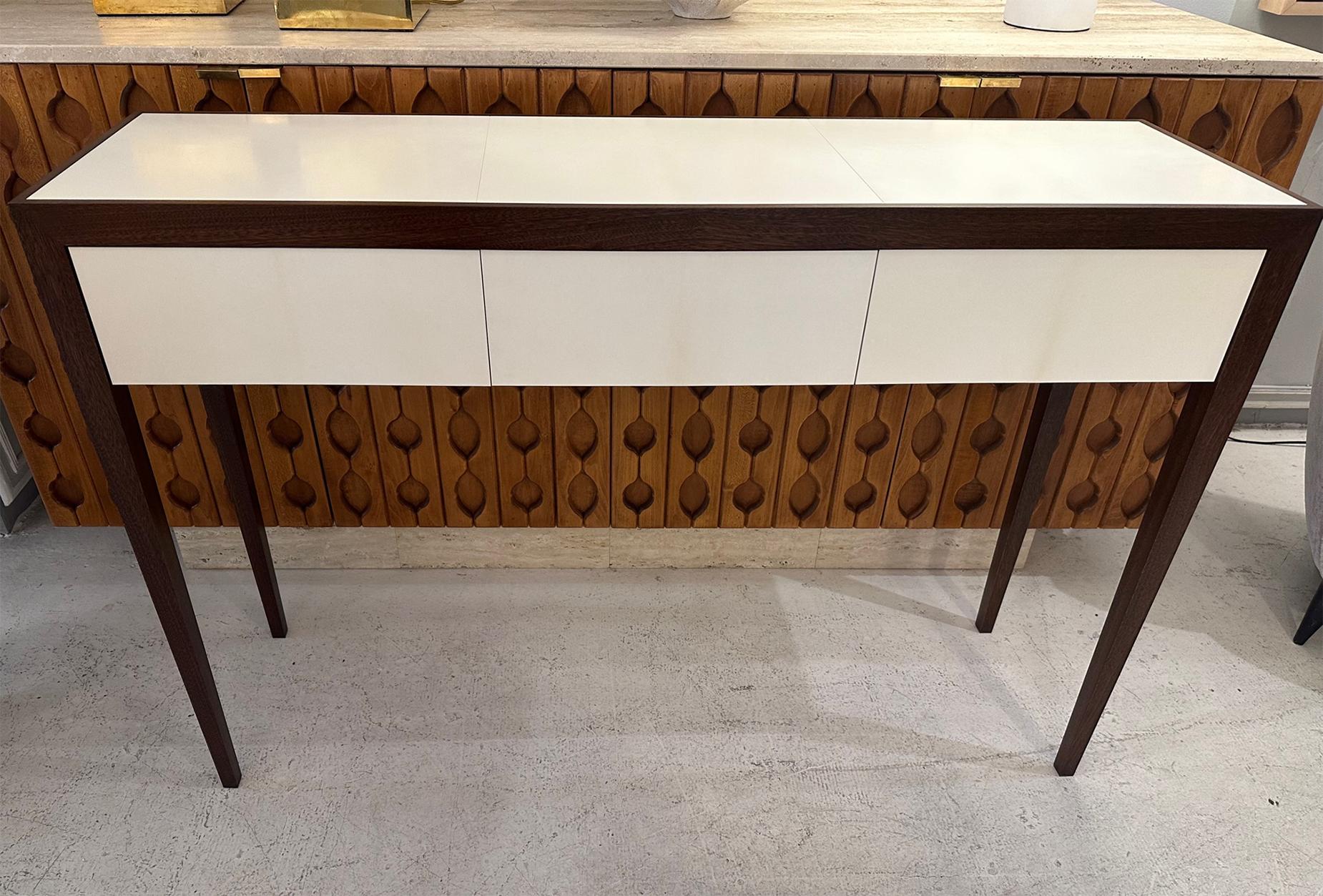 Modern Custom Parchment and Mahogany Console with Three Drawers For Sale