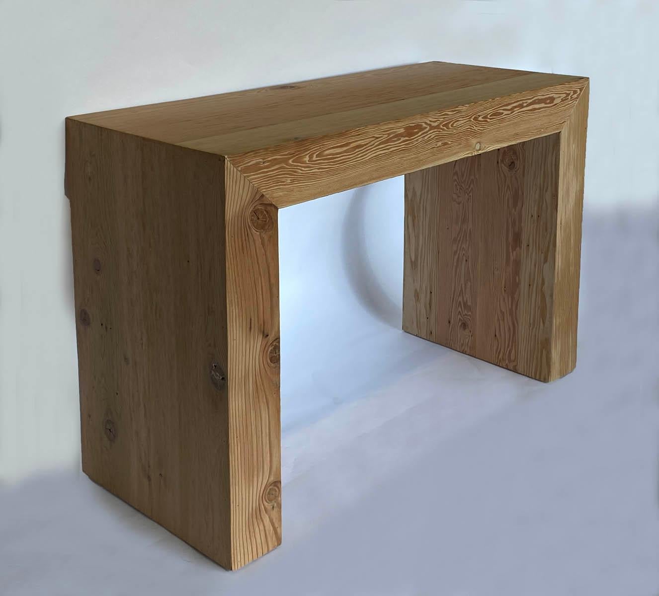 Custom Parsons console table in Douglas fir. Can be made in any size and in a variety of finishes, see close up photos. Can also be made in Oak or Walnut for a less rustic look. Made by Dos Gallos Studio in Los Angeles. As shown 48 x 20 x 33 H in