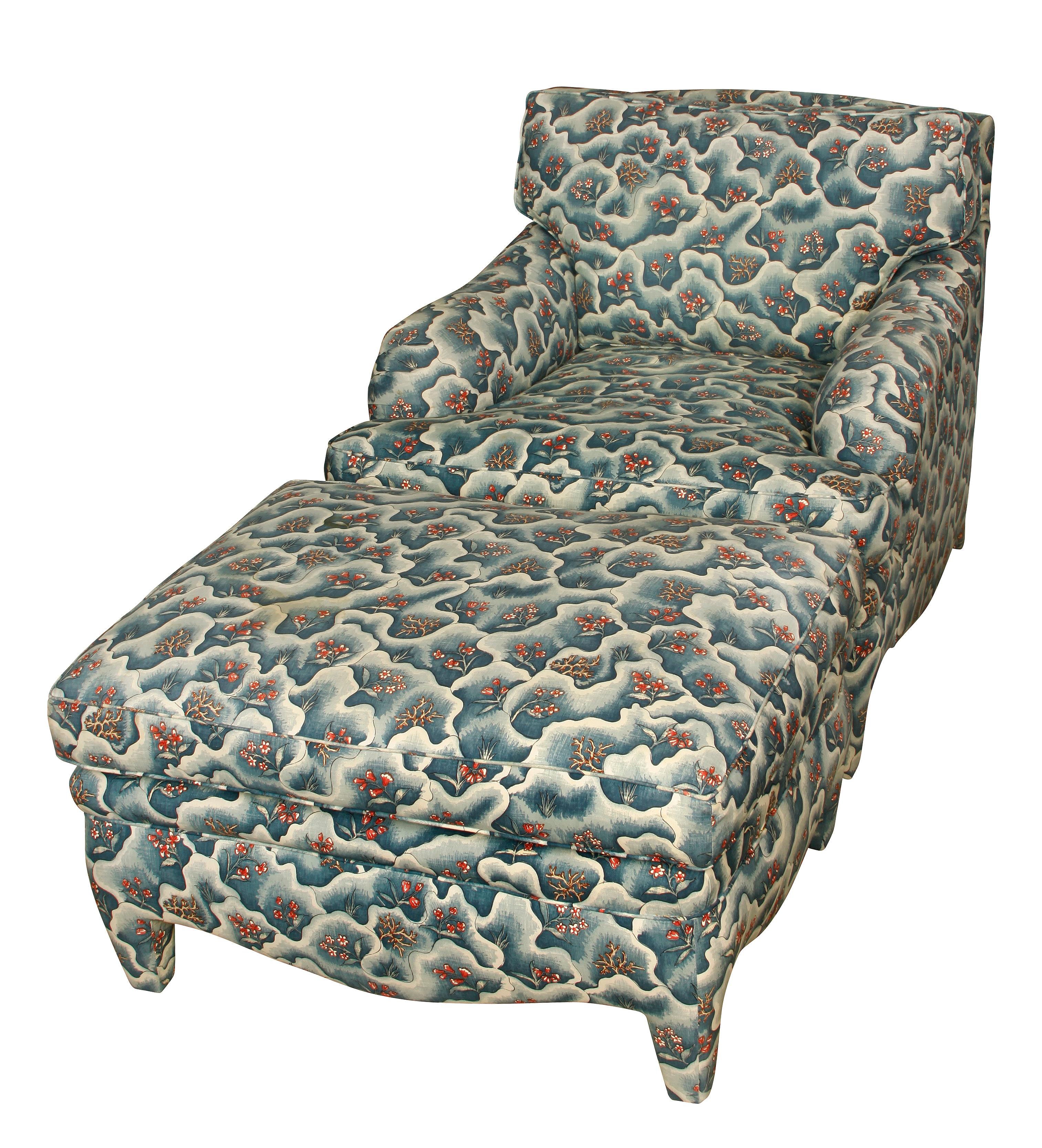 Custom Parsons Leg Upholstered Chair and Ottoman In Good Condition In Locust Valley, NY