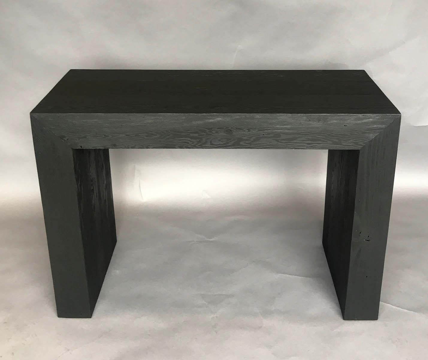 Custom Parsons console table or sofa back table in Douglas fir. Can be made in any size and in a variety of finishes, see close up photos. Can also be made in Walnut or Oak for a less rustic look. Made by Dos Gallos Studio in Los Angeles. As shown