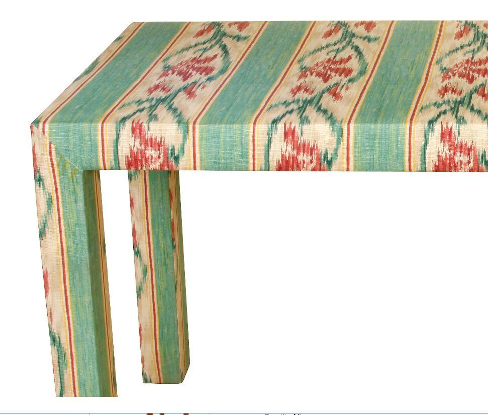 Custom Parsons style upholstered console in Southwest Ikat design.