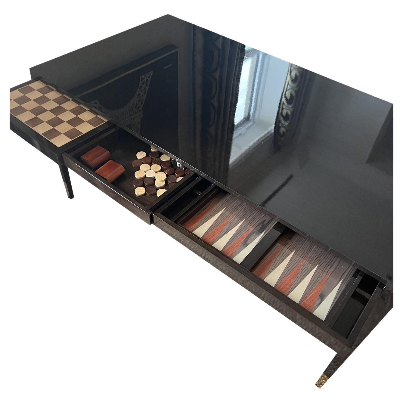 Maßgefertigter Partner-Schreibtisch mit Backgammon-/Schachtischstück (Marketerie) im Angebot