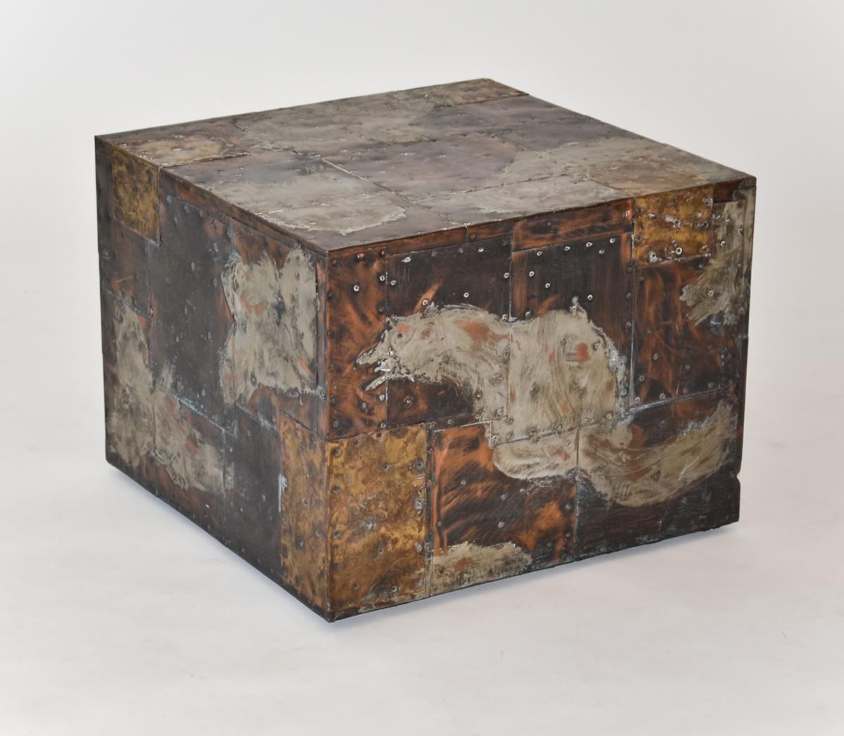 Américain Paul Evans For Directional Metal Patchwork Cube Side Table 1967