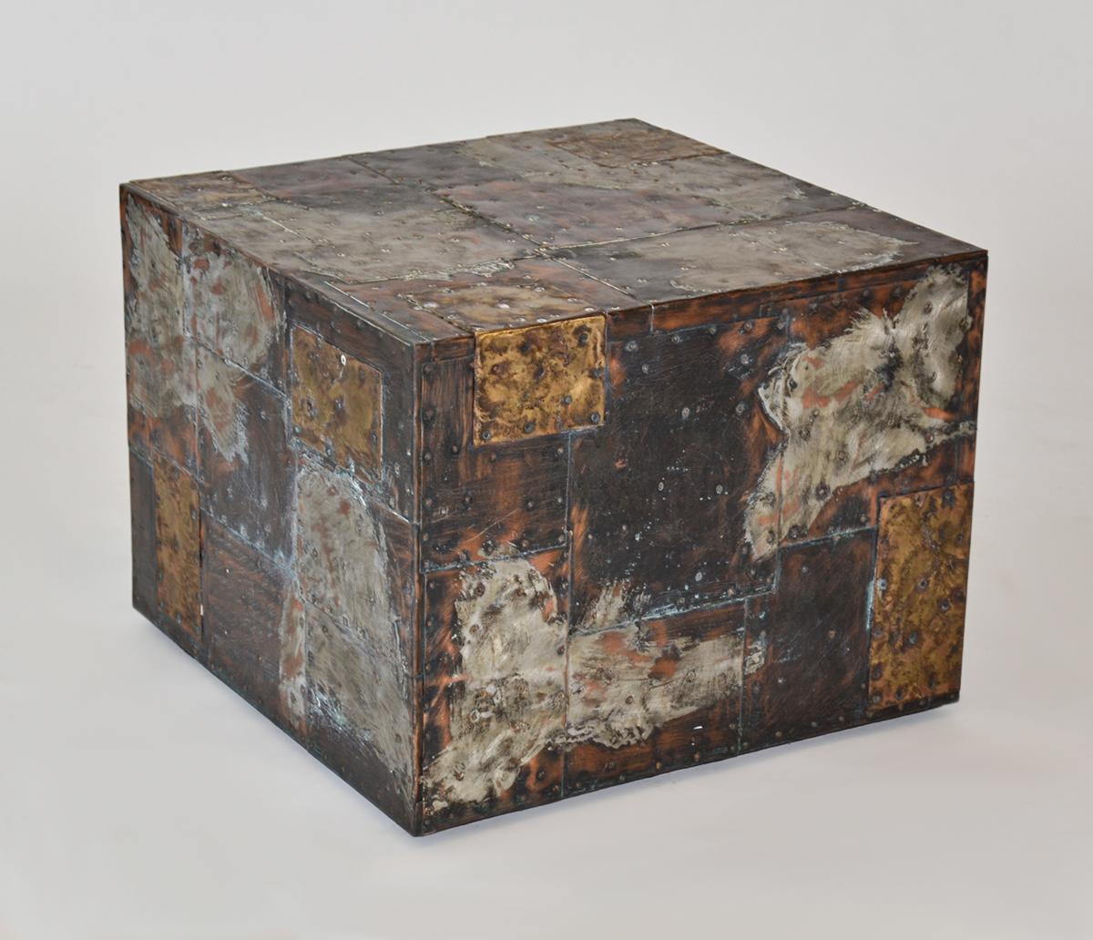 Paul Evans For Directional Metal Patchwork Cube Side Table 1967 In Good Condition For Sale In Ft Lauderdale, FL