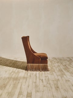 Custom Pavilion Curved Back Lounge Chair, Ochre Cotton Velvet with Accent Fringe
