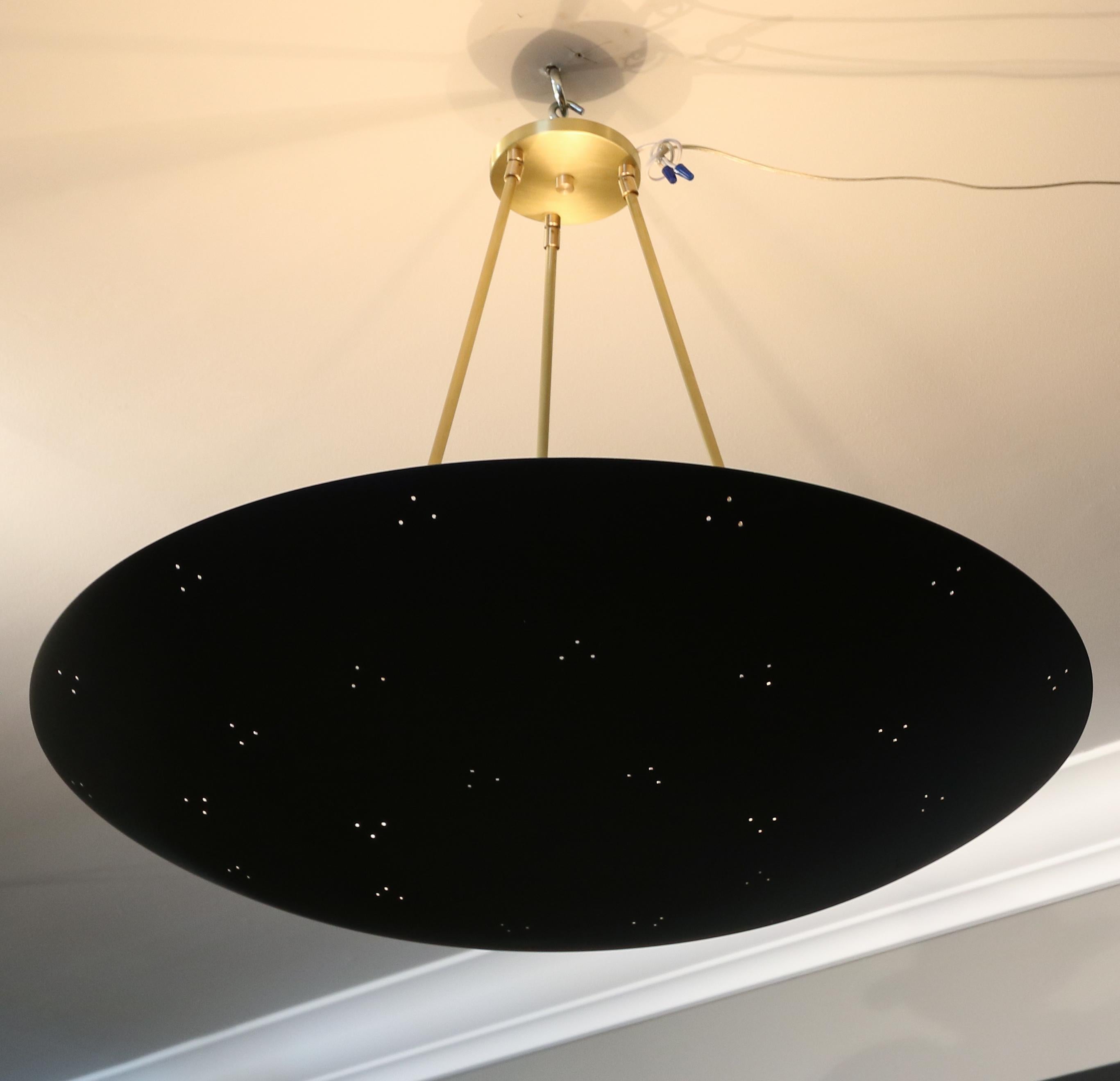 Mid-Century Modern Custom Perforated Black Metal & Brass Conical / Convex Pendant Chandelier