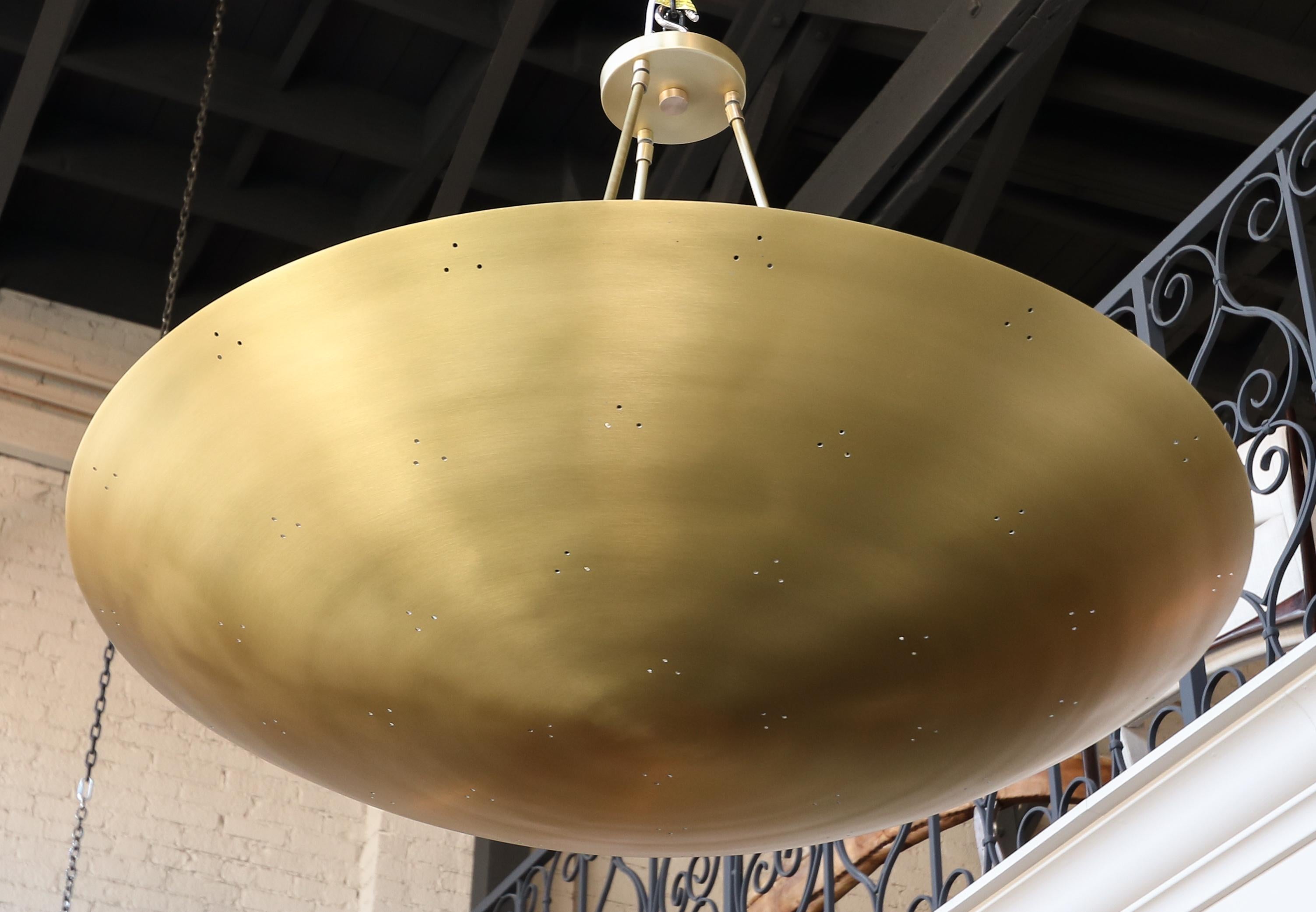 Custom Perforated Brass Metal Conical / Convex Pendant Chandelier In New Condition For Sale In Los Angeles, CA