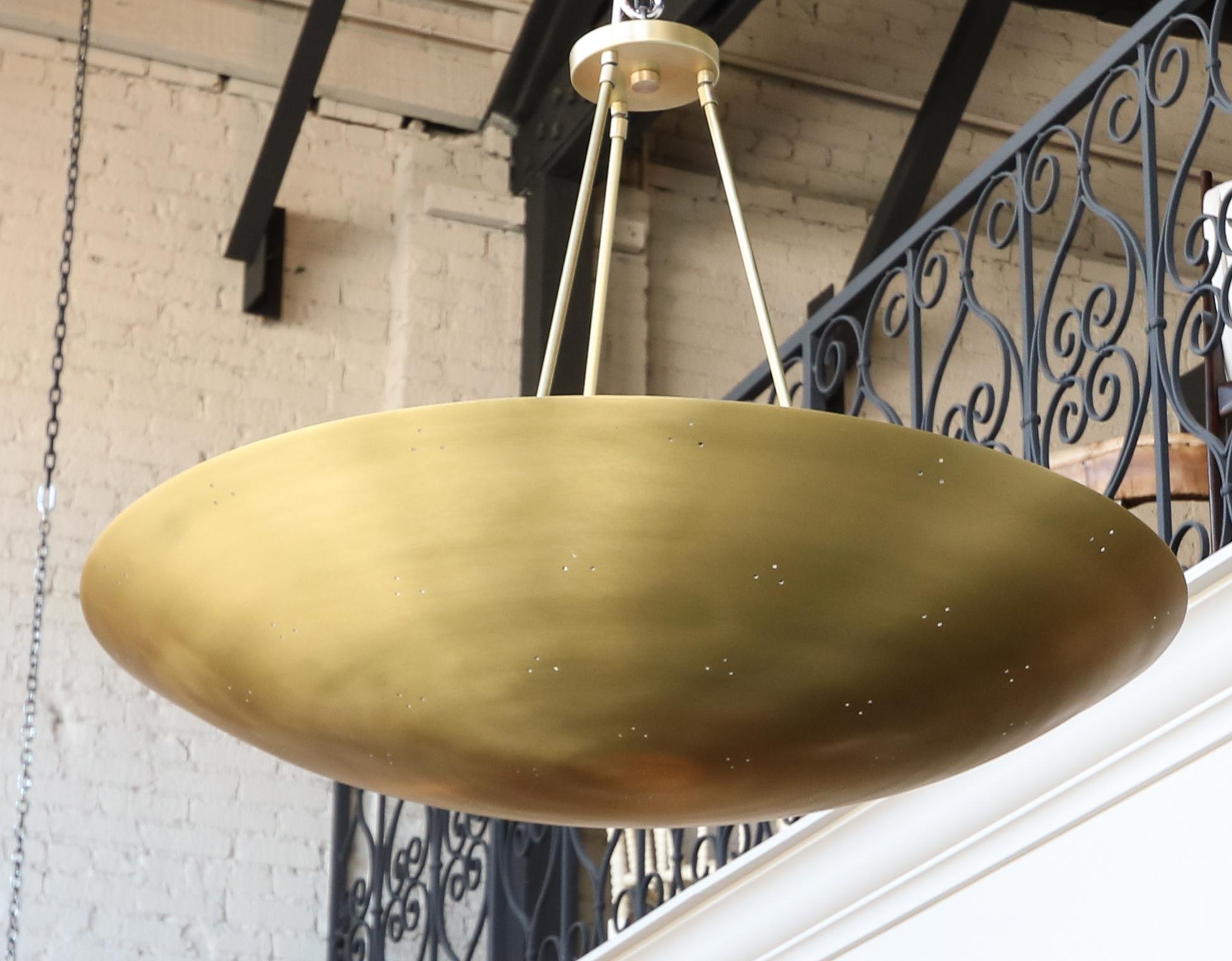 Contemporary Custom Perforated Brass Metal Conical / Convex Pendant Chandelier For Sale