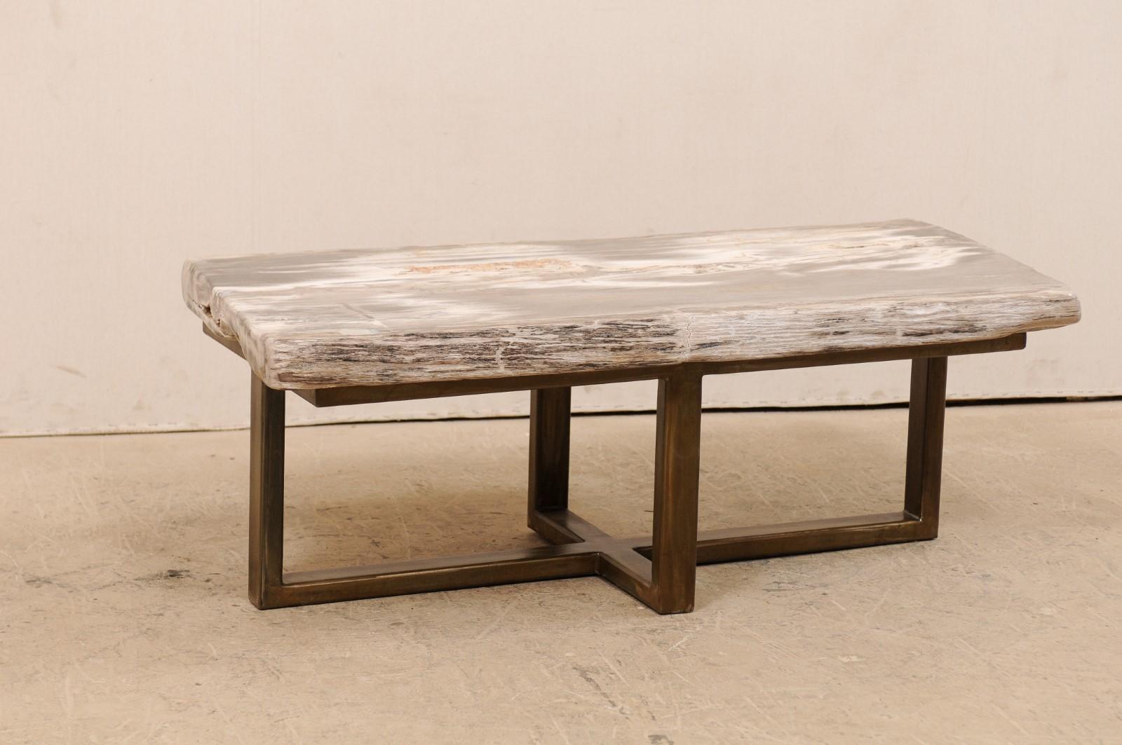 A petrified wood top modernly designed coffee table (or bench). This custom coffee table has been fashioned from a gorgeous single thick slab of smoothly polished petrified wood. This petrified wood top has a soothing grey and white palette and