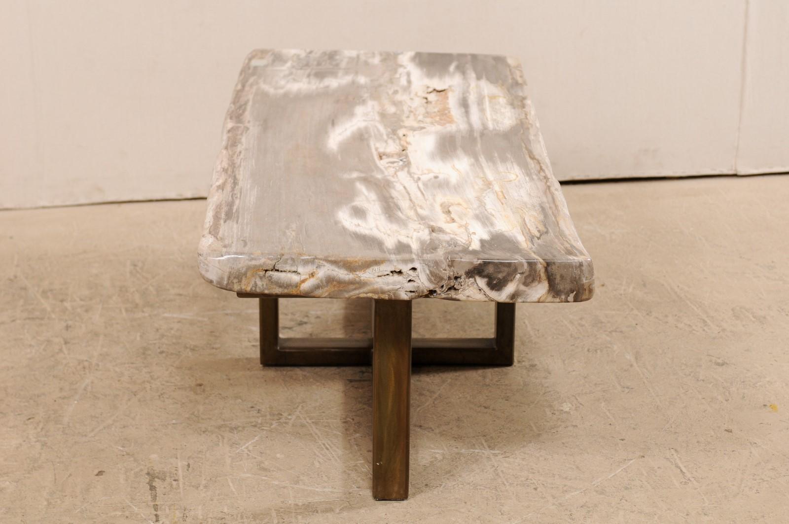 Polished Custom Petrified Wood Coffee Table with Modern Metal Base