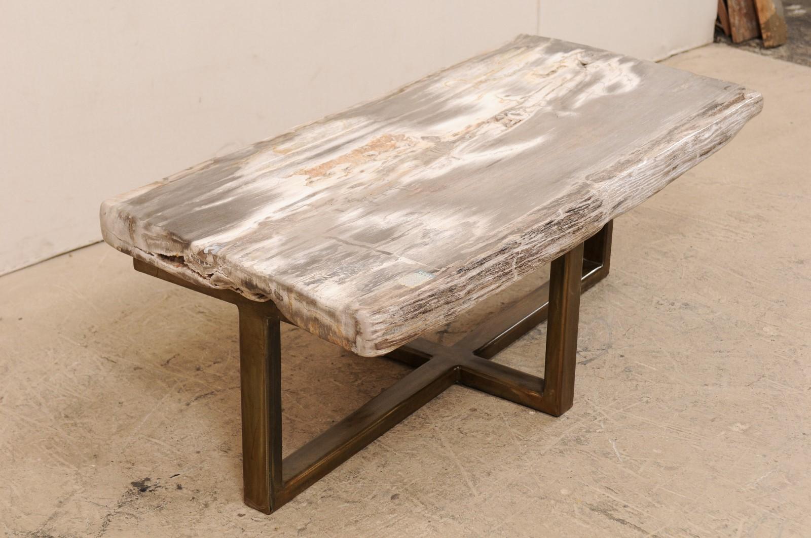 Custom Petrified Wood Coffee Table with Modern Metal Base In Good Condition In Atlanta, GA