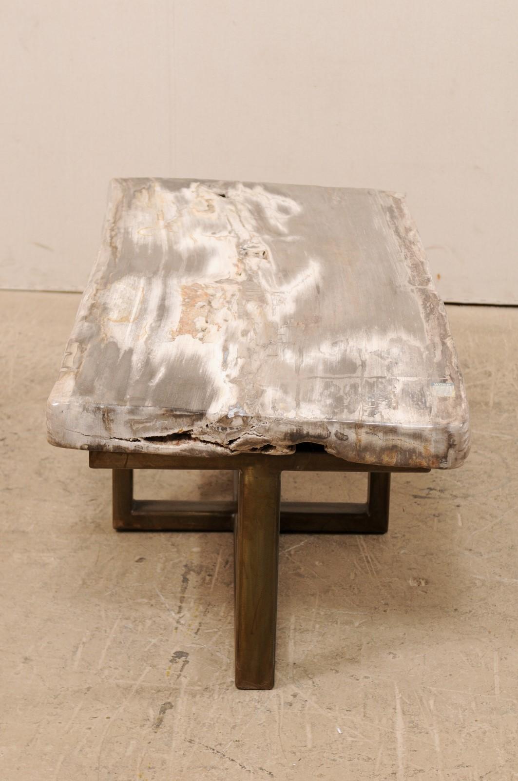 Contemporary Custom Petrified Wood Coffee Table with Modern Metal Base