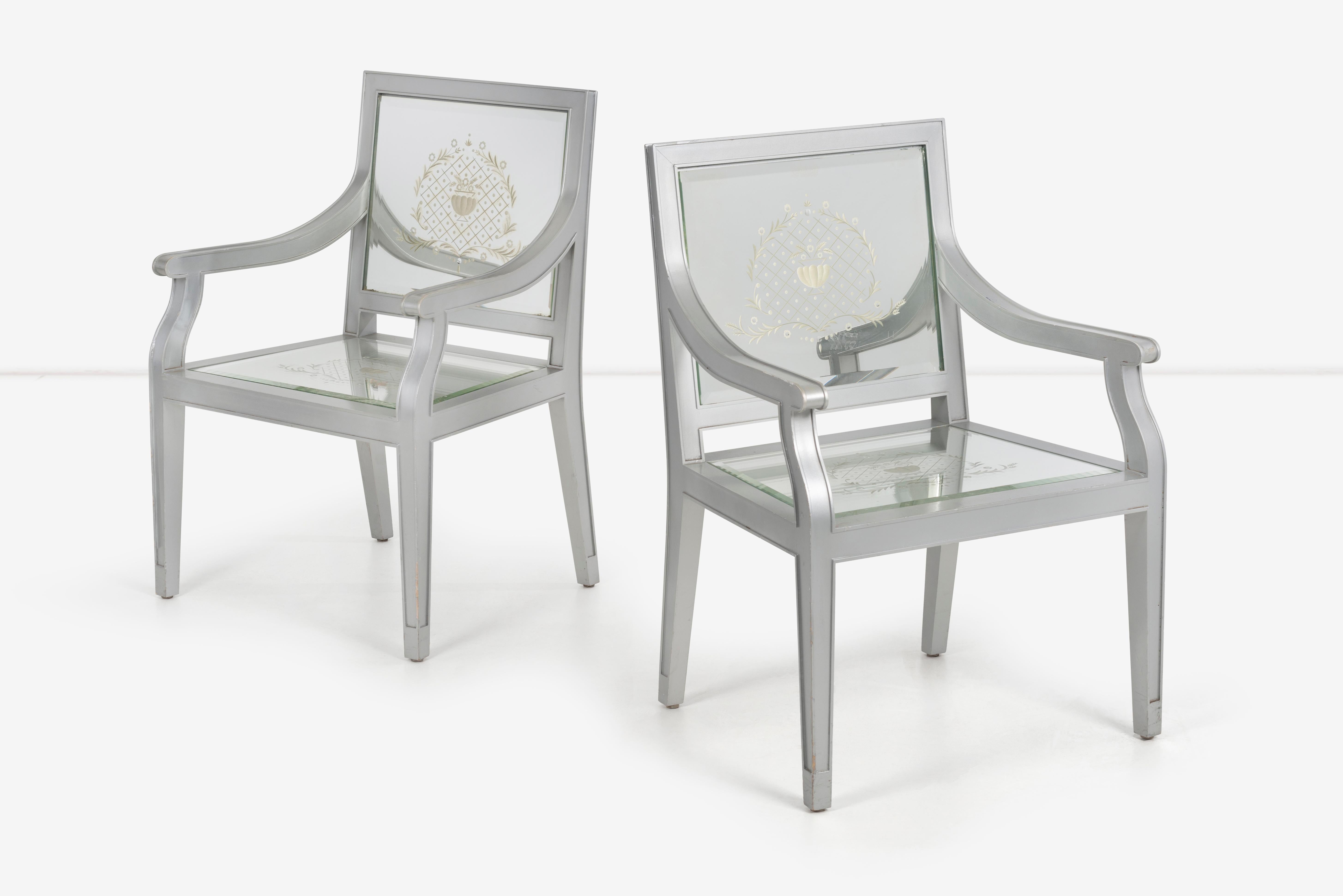 Custom Phillip Starck mirrored Louis XVI style chairs, Cliff Hotel San Francisco, silver painted wood with cut mirrored glass on seat and back designs by Thierry Duclos of Mirostyle, Paris.