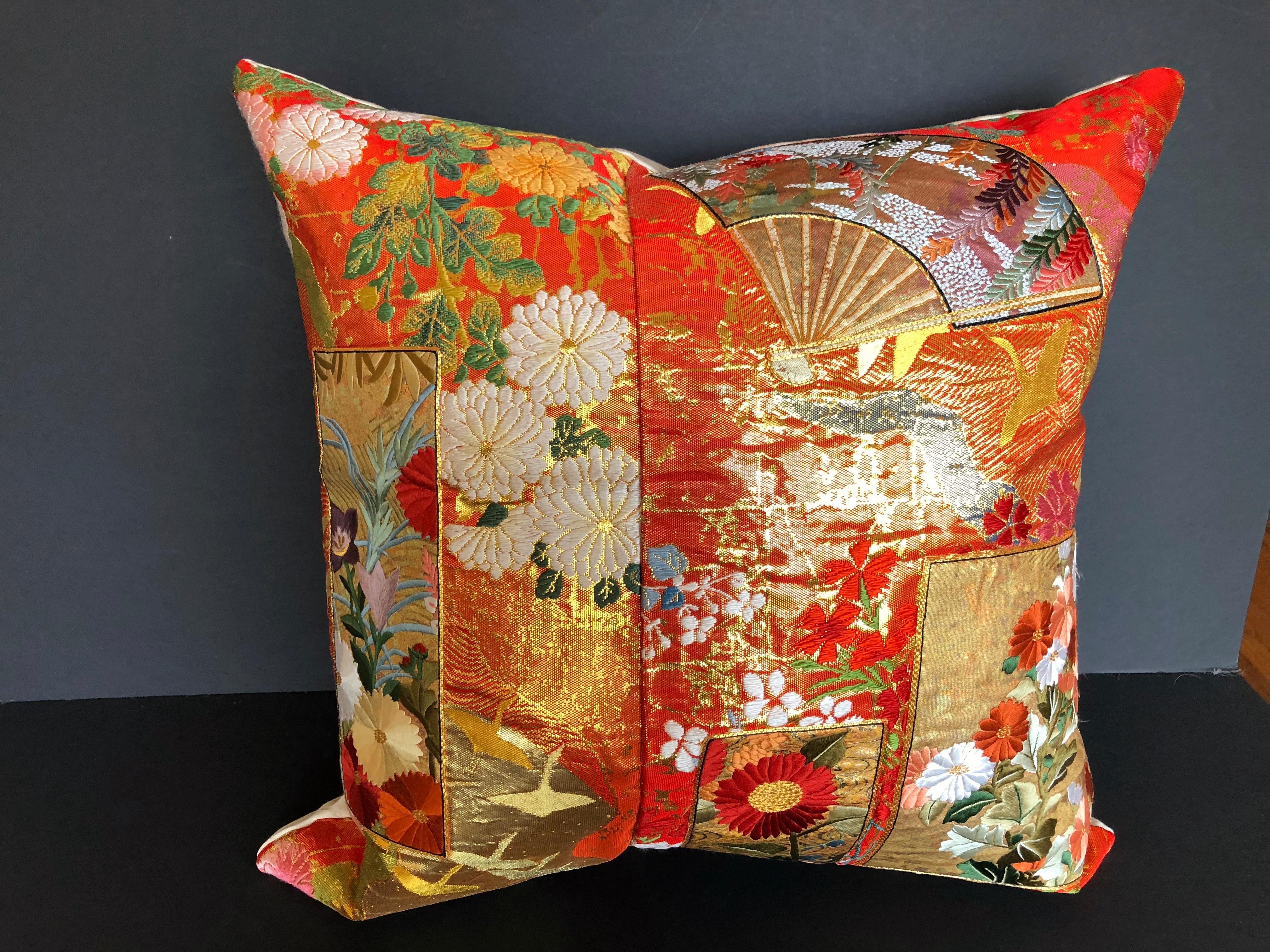 Custom Pillow by Maison Suzanne Cut from a Japanese Silk Wedding Kimono In Good Condition For Sale In Glen Ellyn, IL