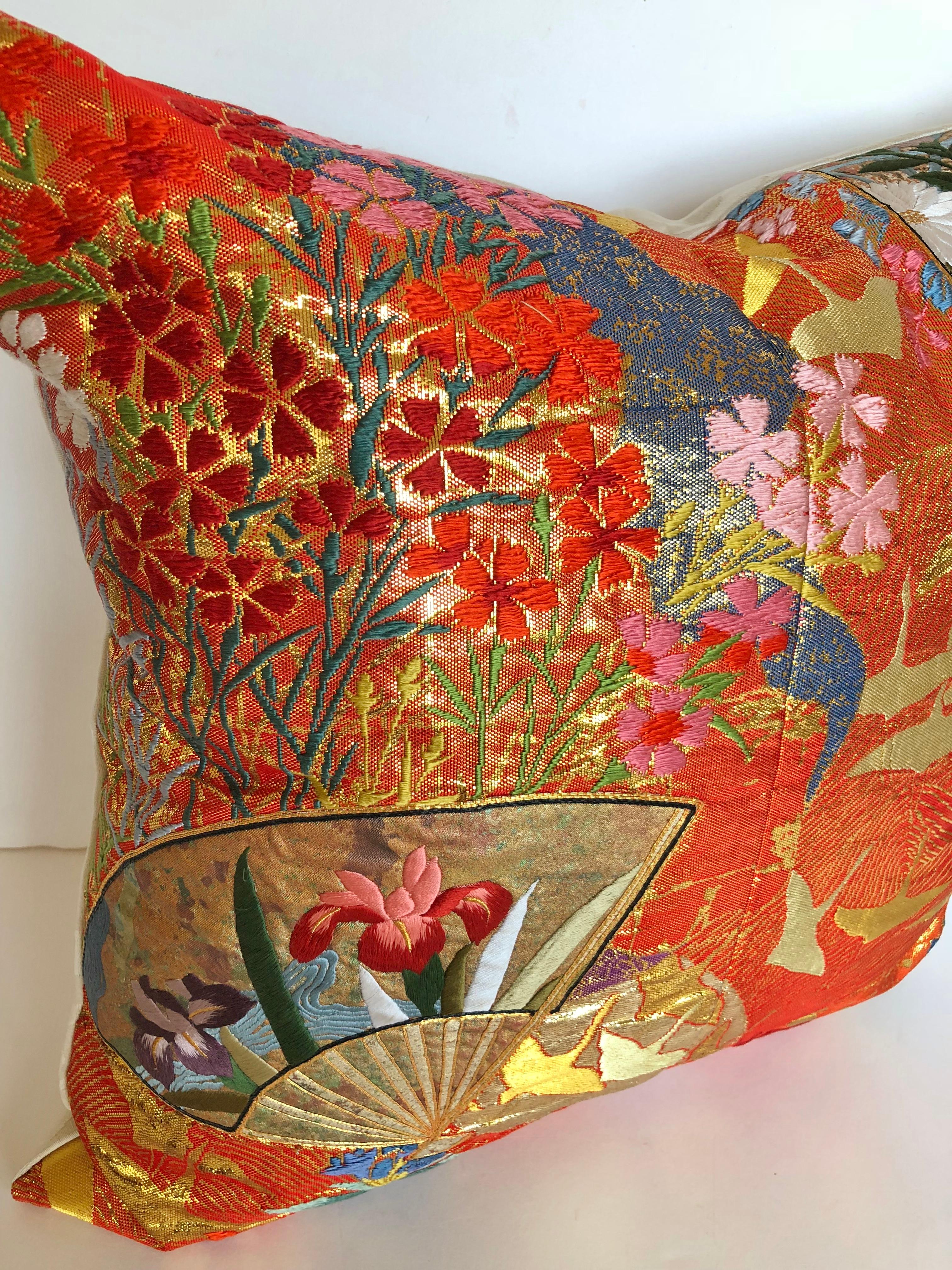 Custom Pillow by Maison Suzanne Cut from a Vintage Japanese Silk Wedding Kimono In Good Condition For Sale In Glen Ellyn, IL