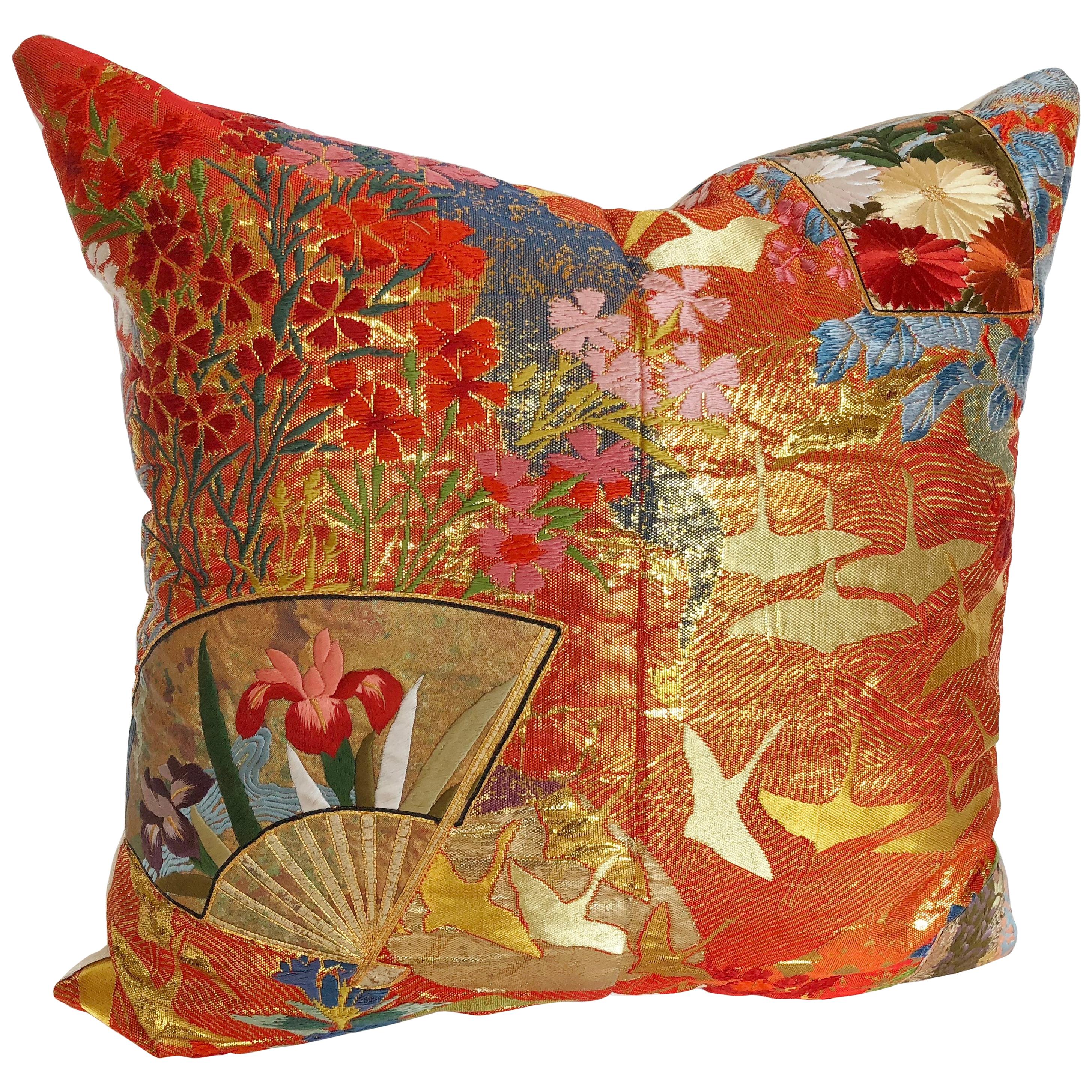Custom Pillow by Maison Suzanne Cut from a Vintage Japanese Silk Wedding Kimono For Sale