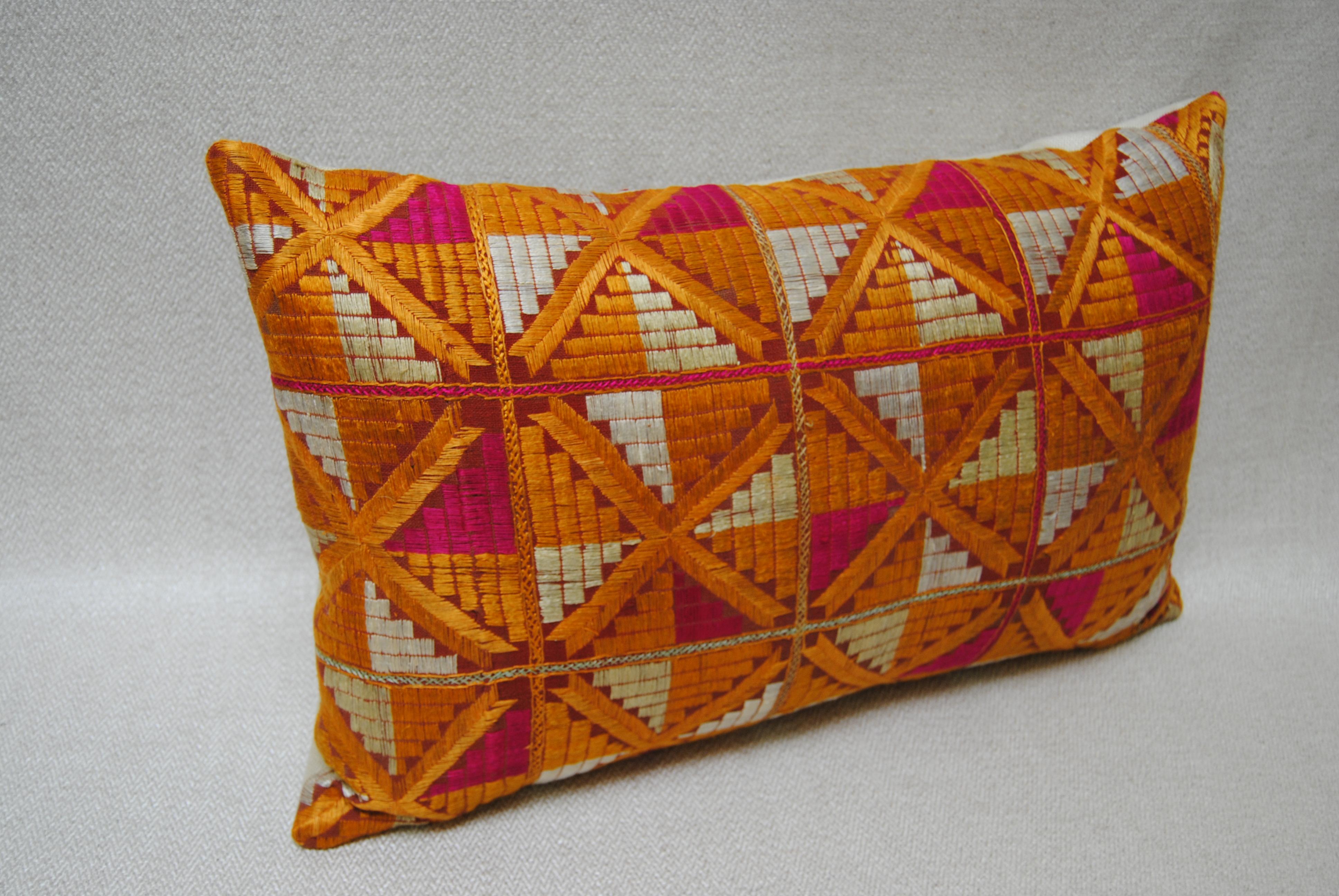 Indian Custom Pillow by Maison Suzanne Cut from a Vintage Phulkari Bagh Wedding Shawl For Sale