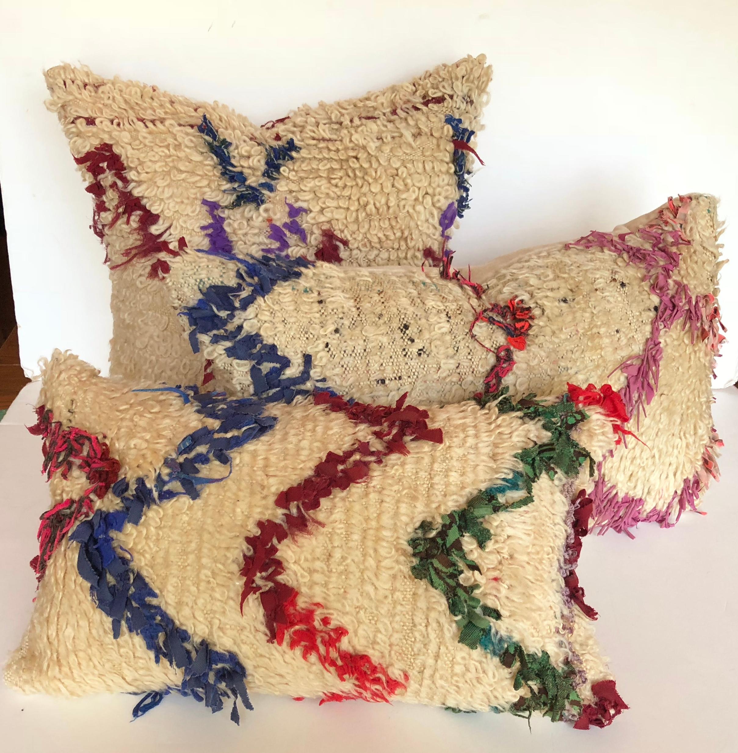 Custom Pillow Cut from a Vintage Wool Moroccan Berber Rug In Good Condition In Glen Ellyn, IL