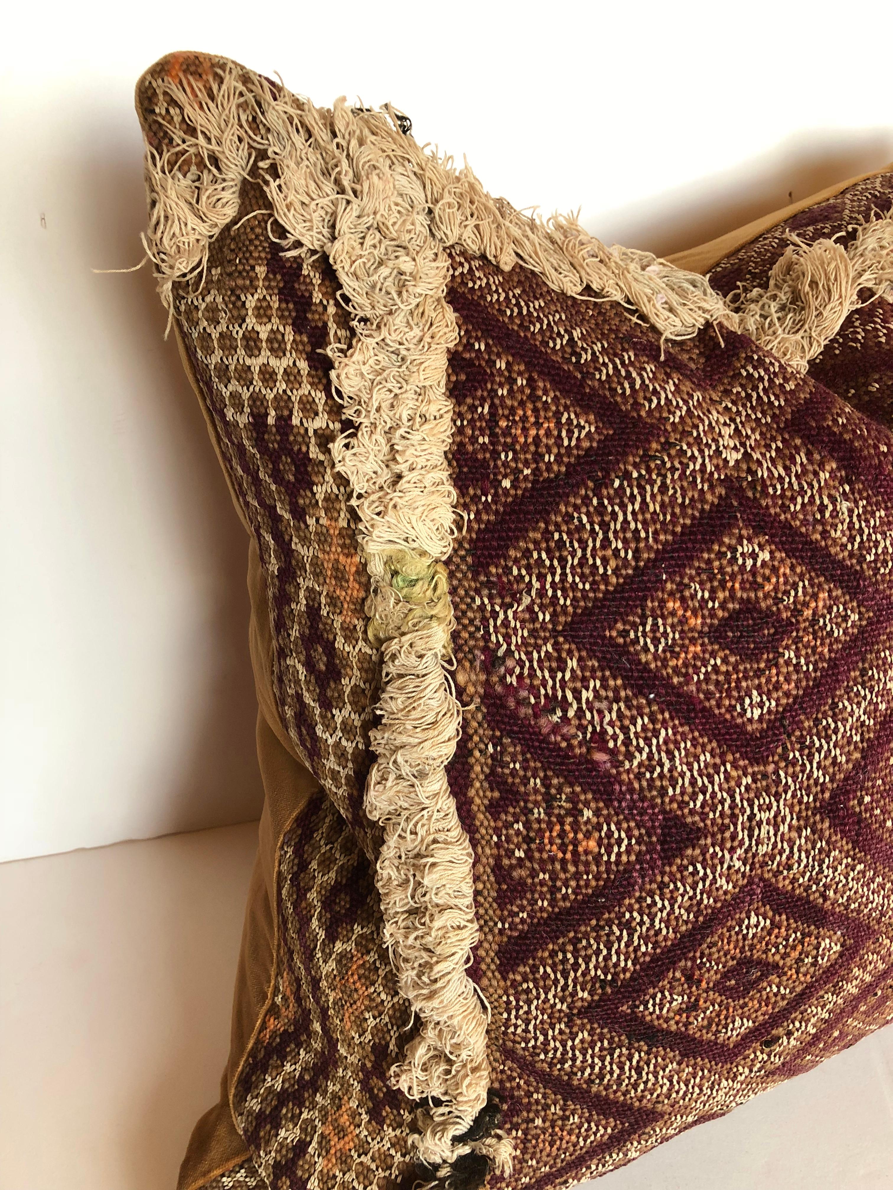 Hand-Woven Custom Pillow Cut from a Hand Loomed Wool Antique Moroccan Rug, Atlas Mountains