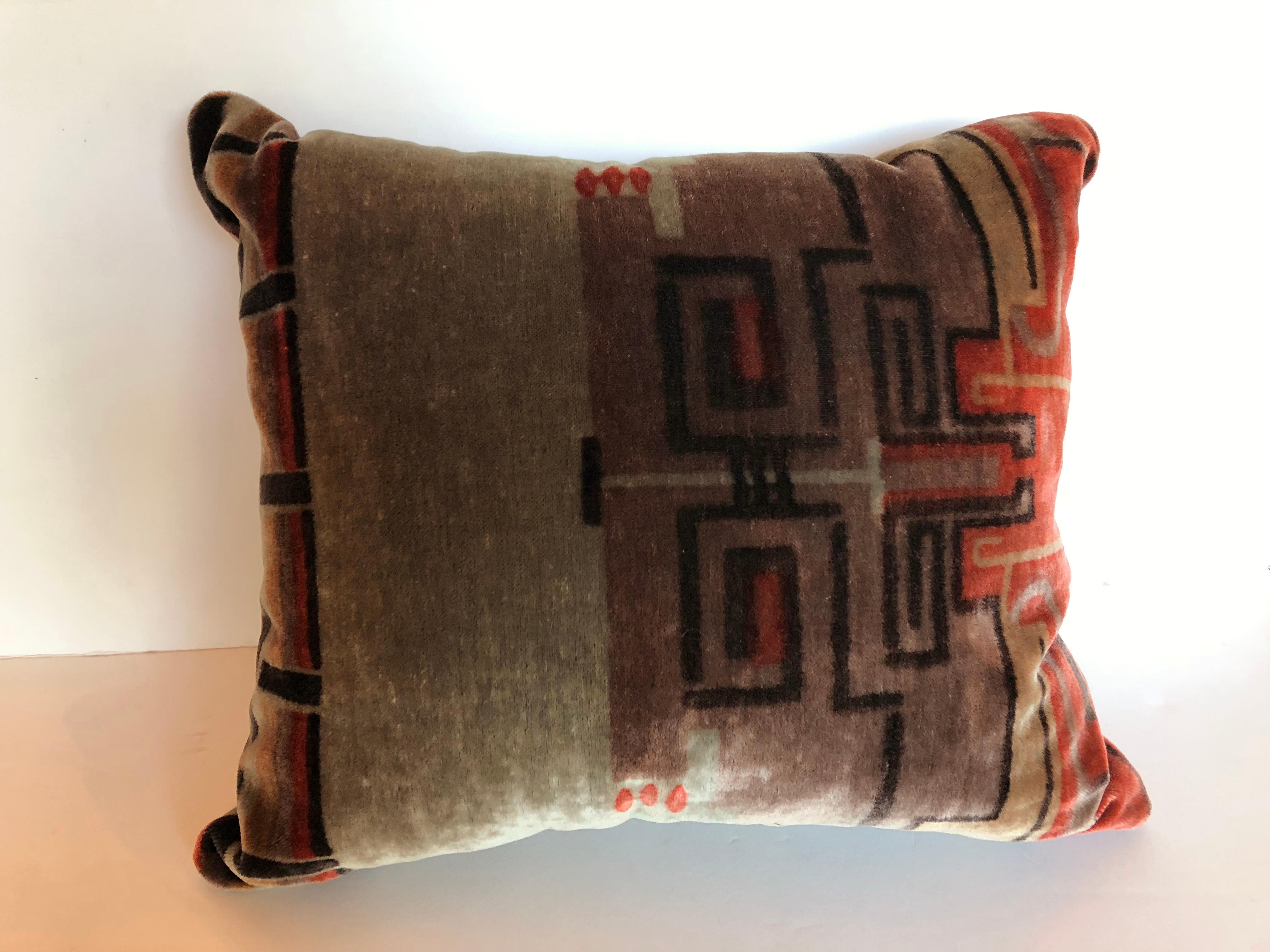 Custom pillow cut from an antique Amsterdam School silk mohair textile, circa 1915 - 1927. Hand blocked Art Deco design with good color, very rare. Pillow is backed with velvet, filled with an insert of 50/50 down and feathers and hand-sewn closed.