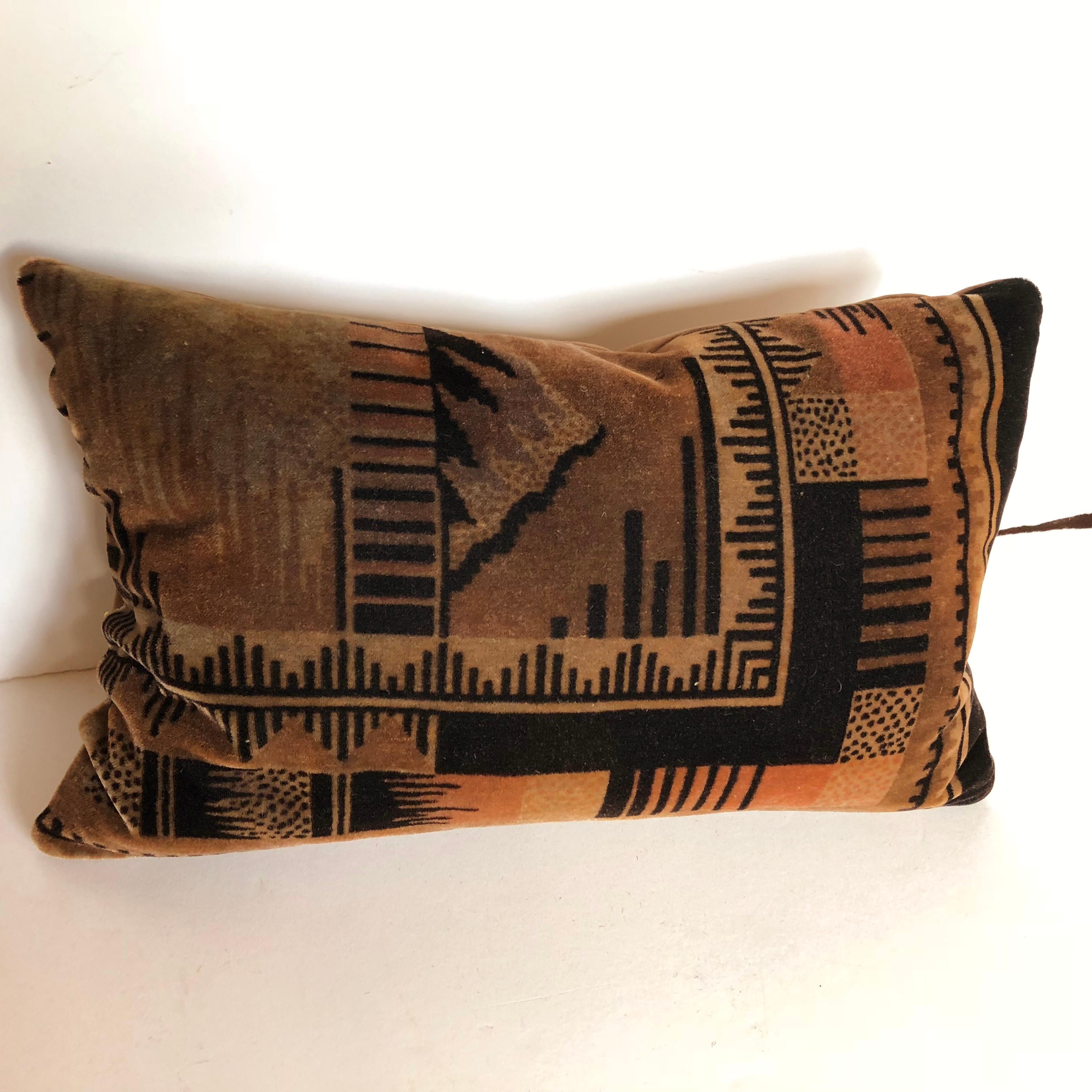 Custom pillow cut from an antique Amsterdam School Velvet textile, circa 1915 - 1927. Hand blocked art deco design with good color. Very rare. Pillow is backed in velvet, filled with an insert of 50/50 down and feathers and hand-sewn closed.