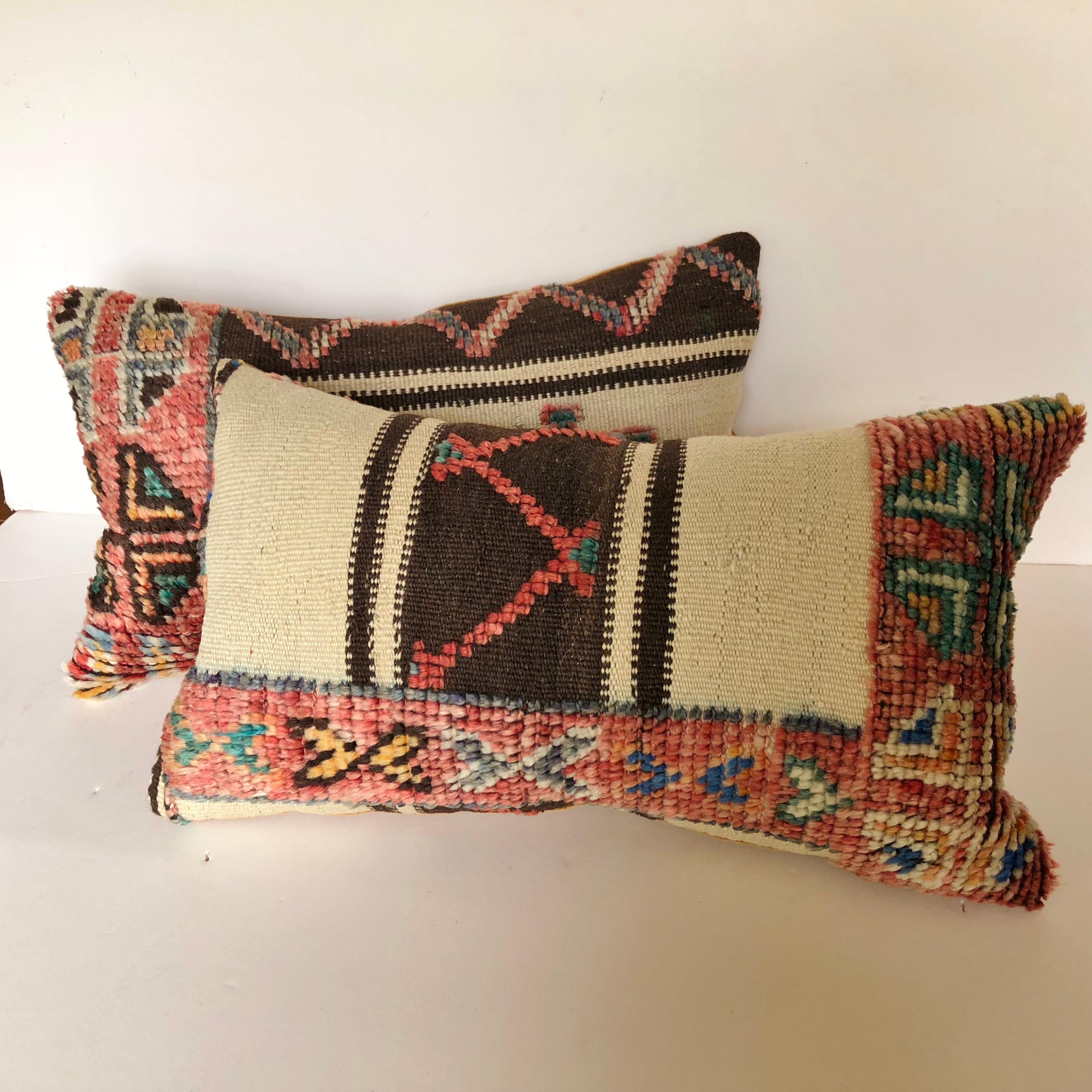 Hand-Woven Custom Pillow Cut from a Vintage Hand Loomed Wool Moroccan Berber Rug For Sale