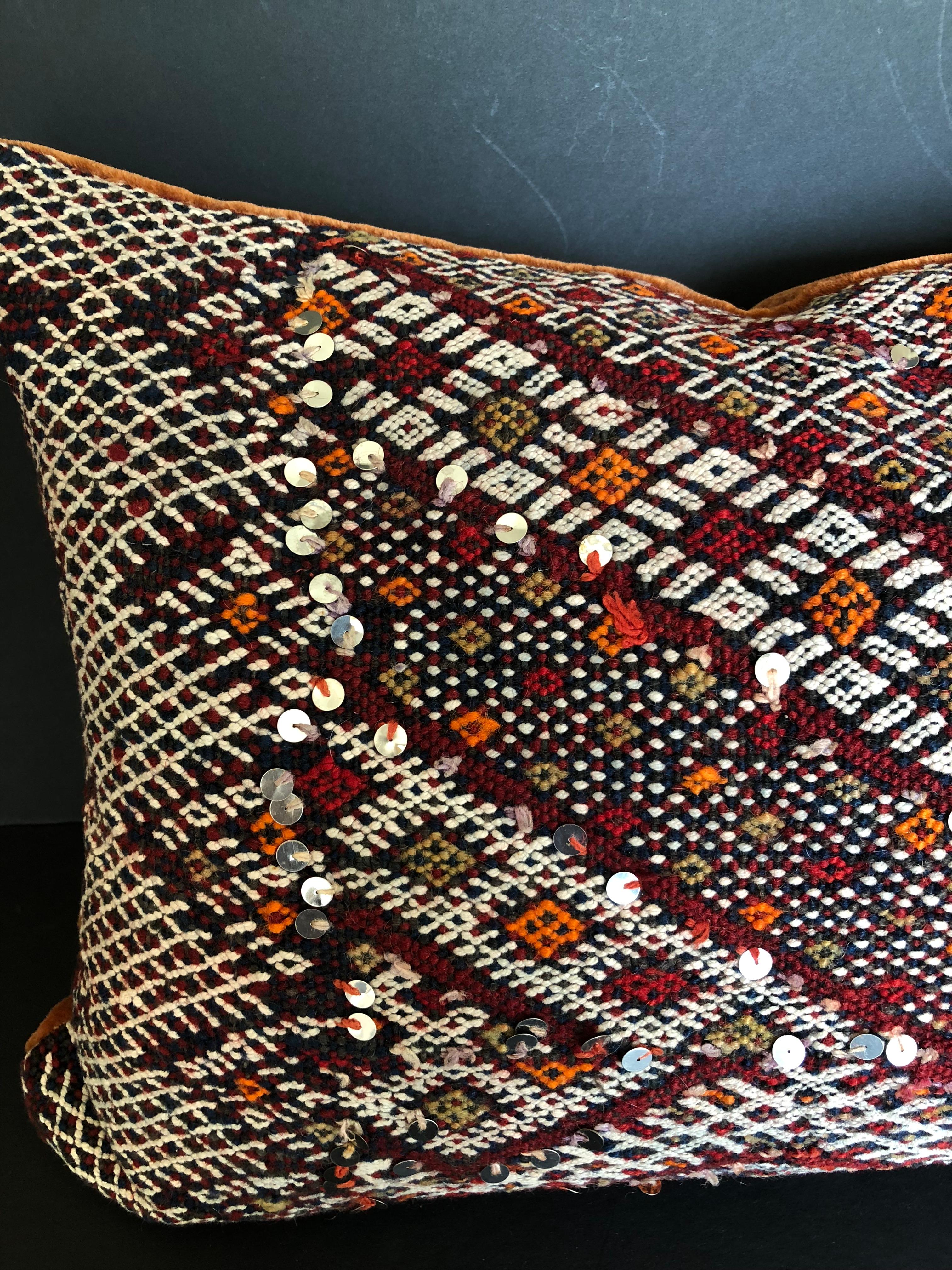 Tribal Custom Pillow Cut from a Vintage Hand Loomed Wool Moroccan Rug For Sale
