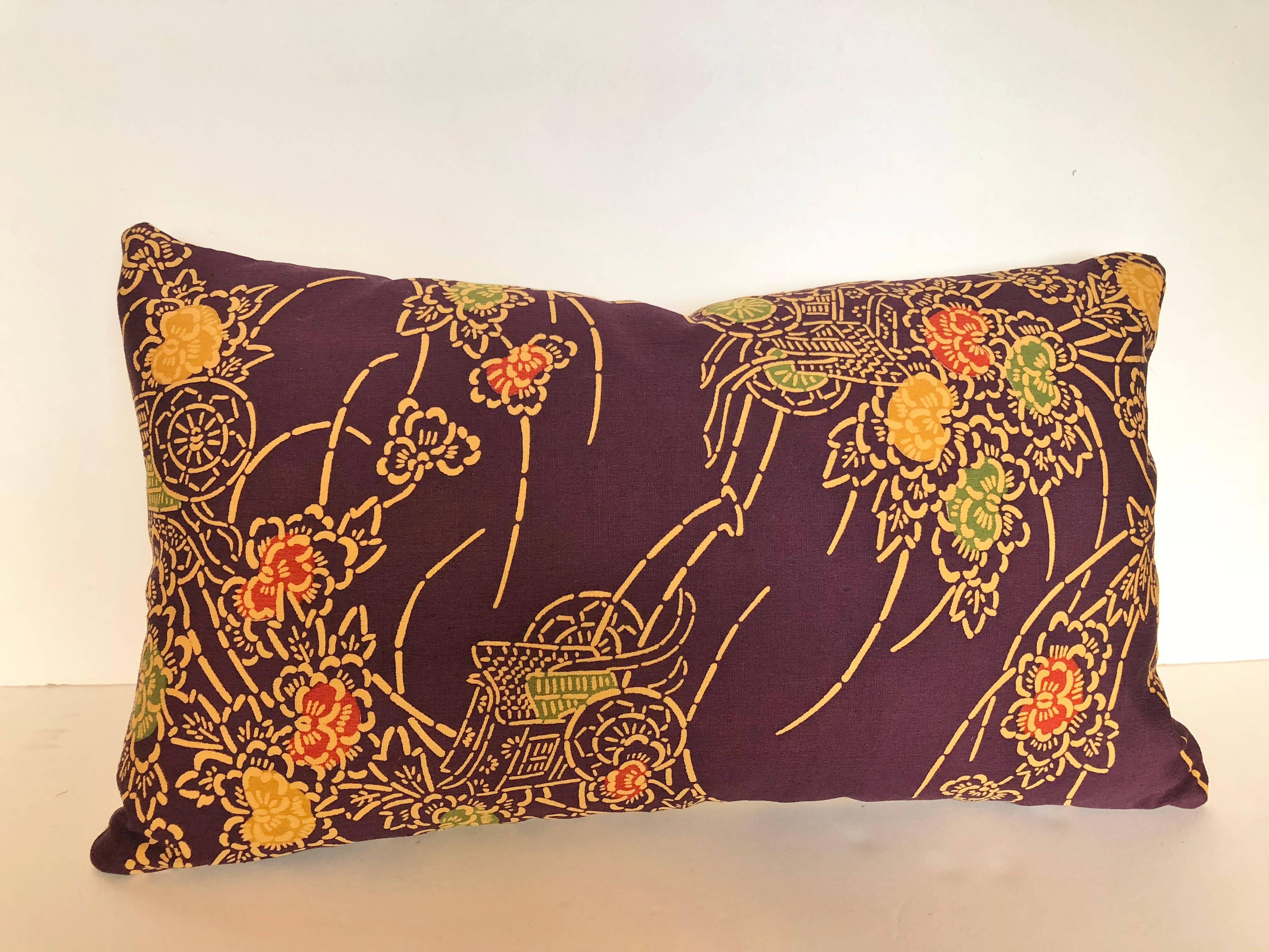 Custom pillow cut from a vintage Japanese silk textile. Never made into a kimono, the silk is like new. Good color and a soft hand. The pillow is backed in a straw yellow linen, filled with an insert of 50/50 down and feathers and hand sewn closed.