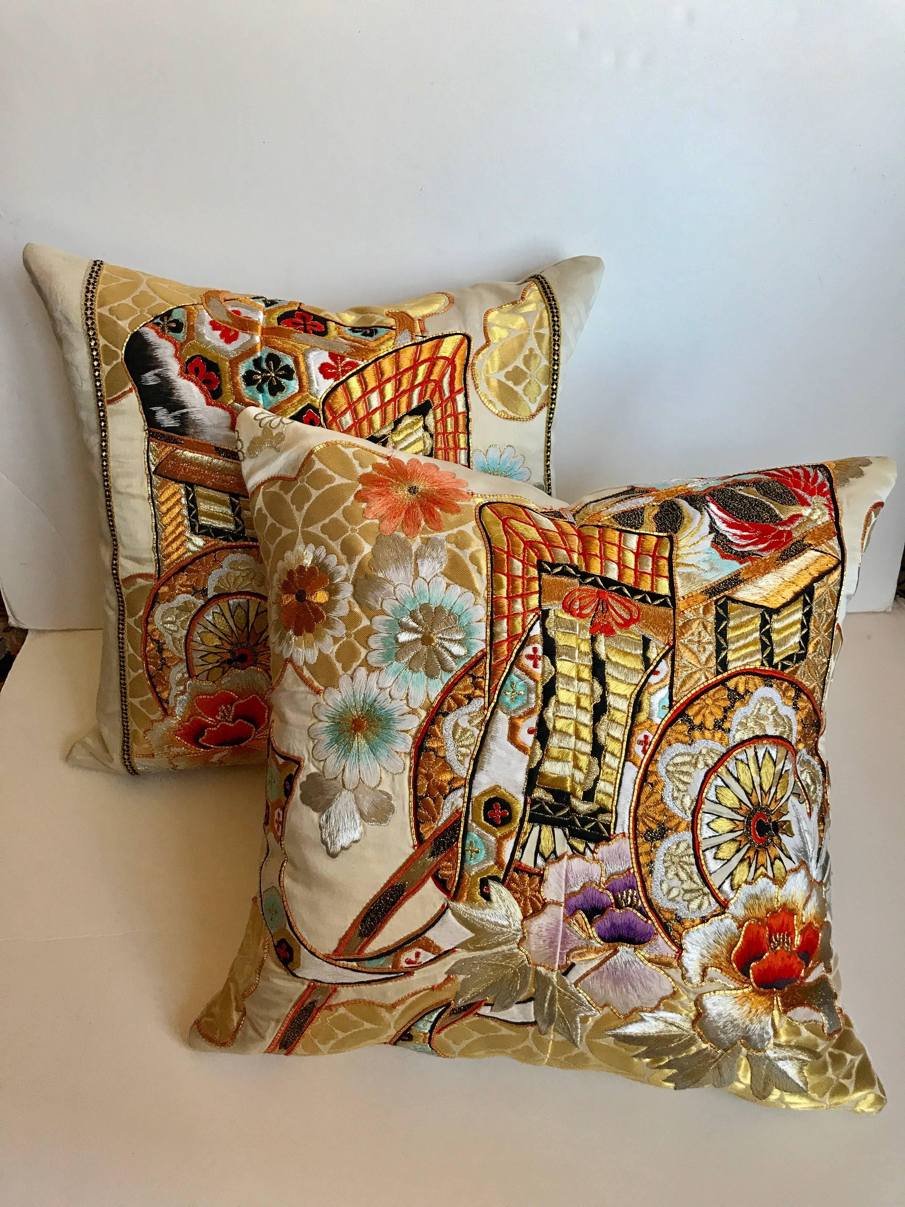 Embroidered Custom Pillow Cut from a Vintage Japanese Silk Uchikake Wedding Kimono For Sale