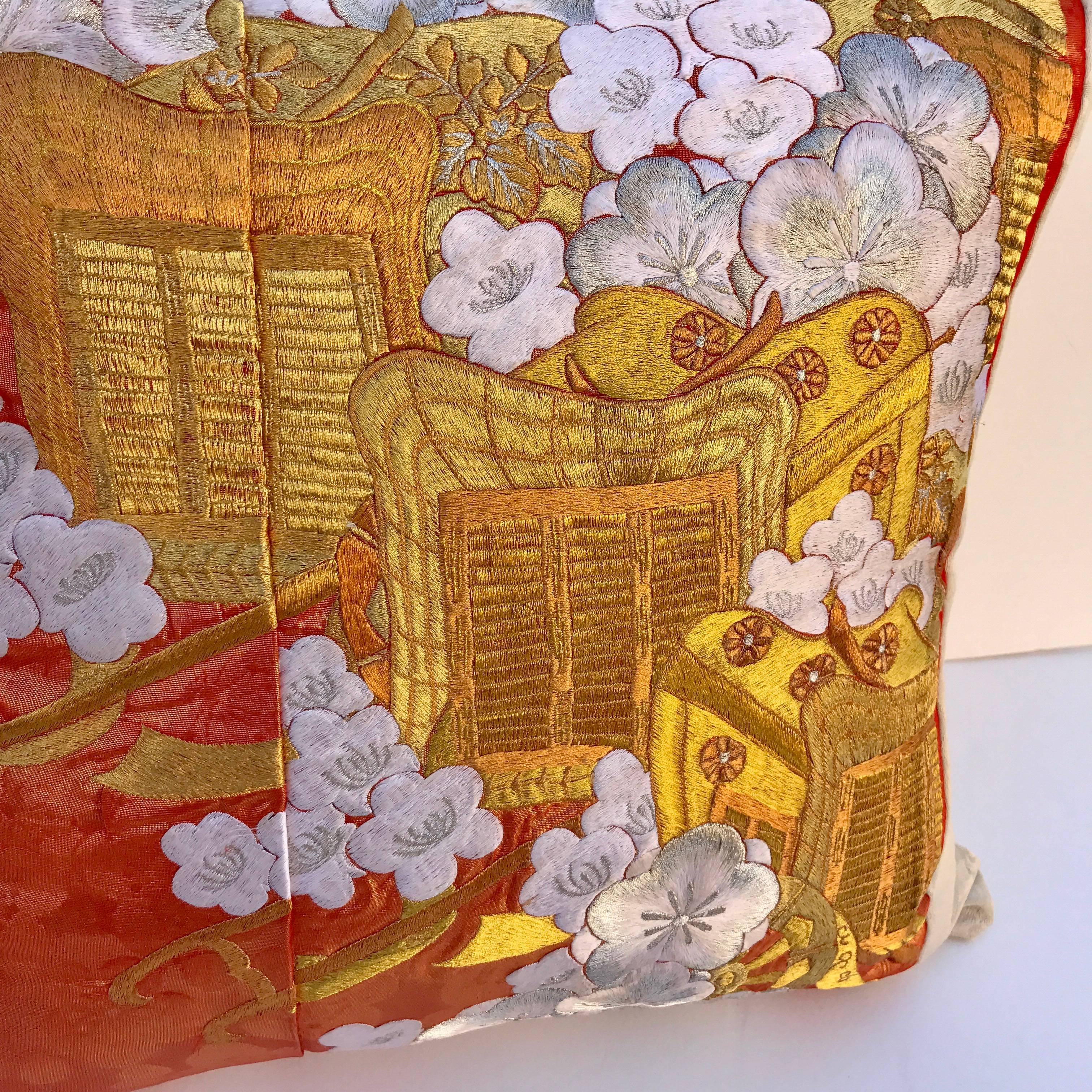 Embroidered Custom Pillow Cut from a Vintage Japanese Silk Uchikake Wedding Kimono