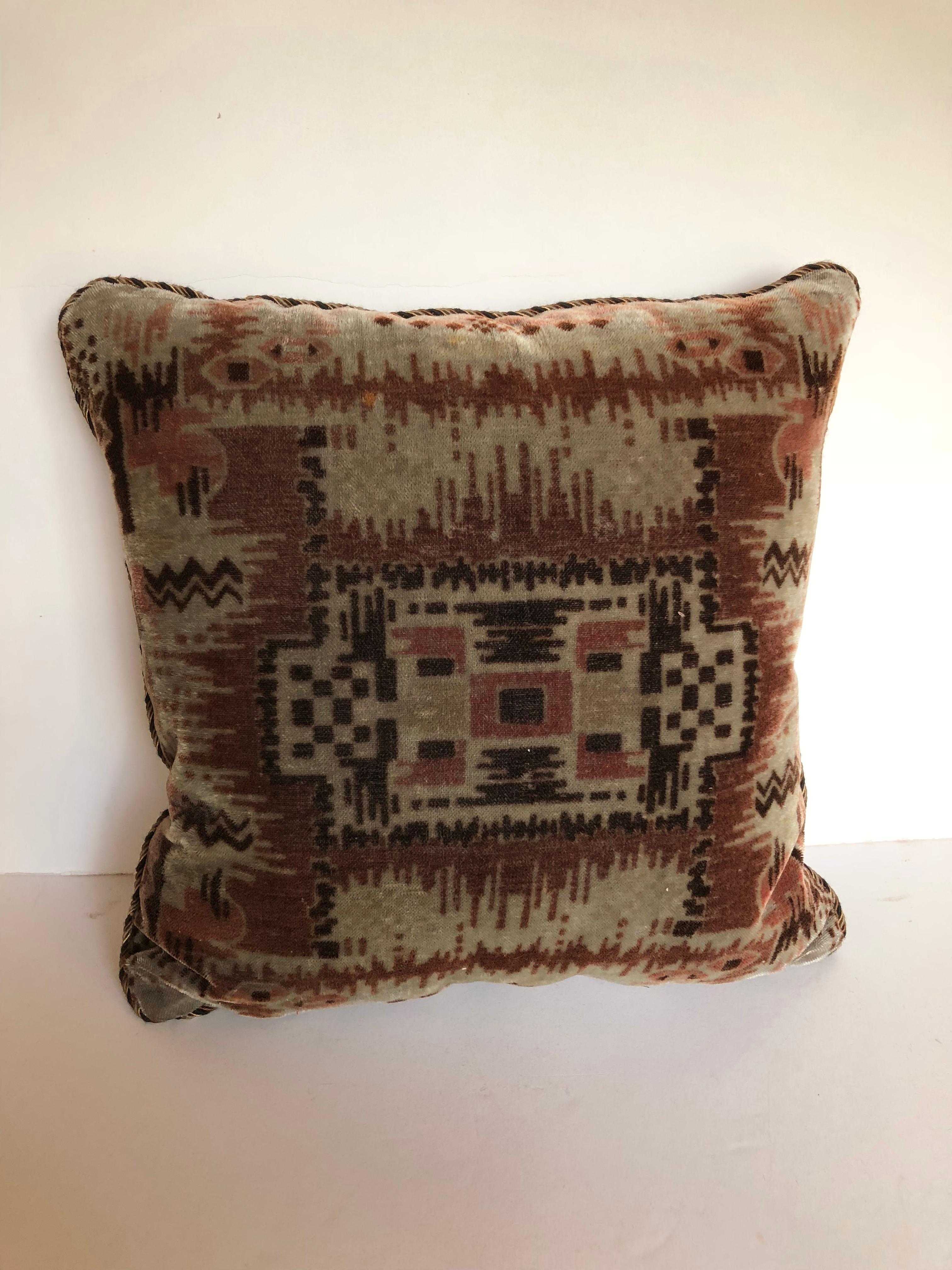 Custom pillow cut from an antique mohair Amsterdam School textile, circa 1915 - 1927. Art Deco design is hand blocked with good color and a soft hand. Very rare textile. Pillow is filled with an insert of 50/50 down and feathers, backed in dark