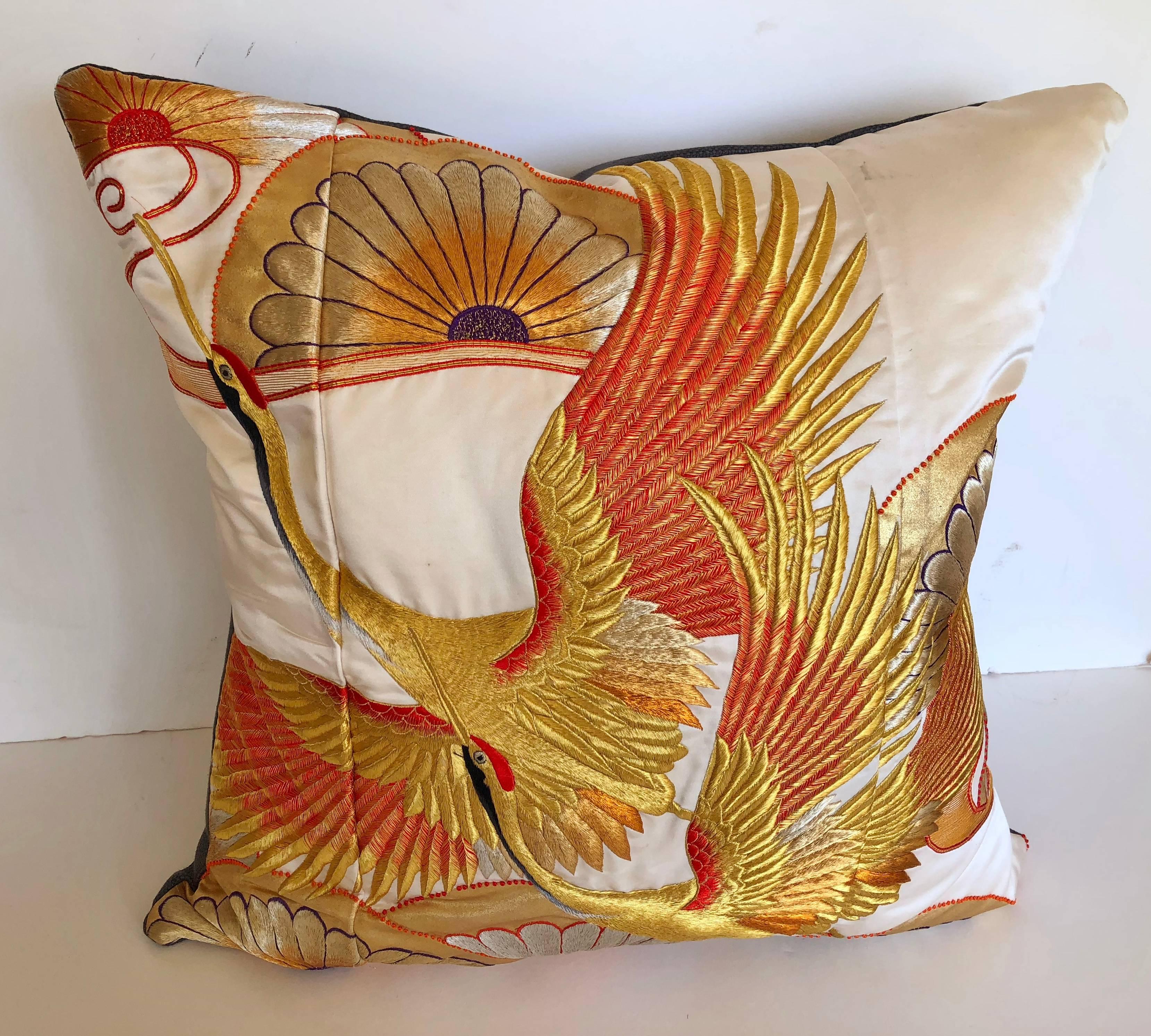 Indian Custom Pillow Cut from a Vintage Silk Embroidered Japanese Uchikake Kimono