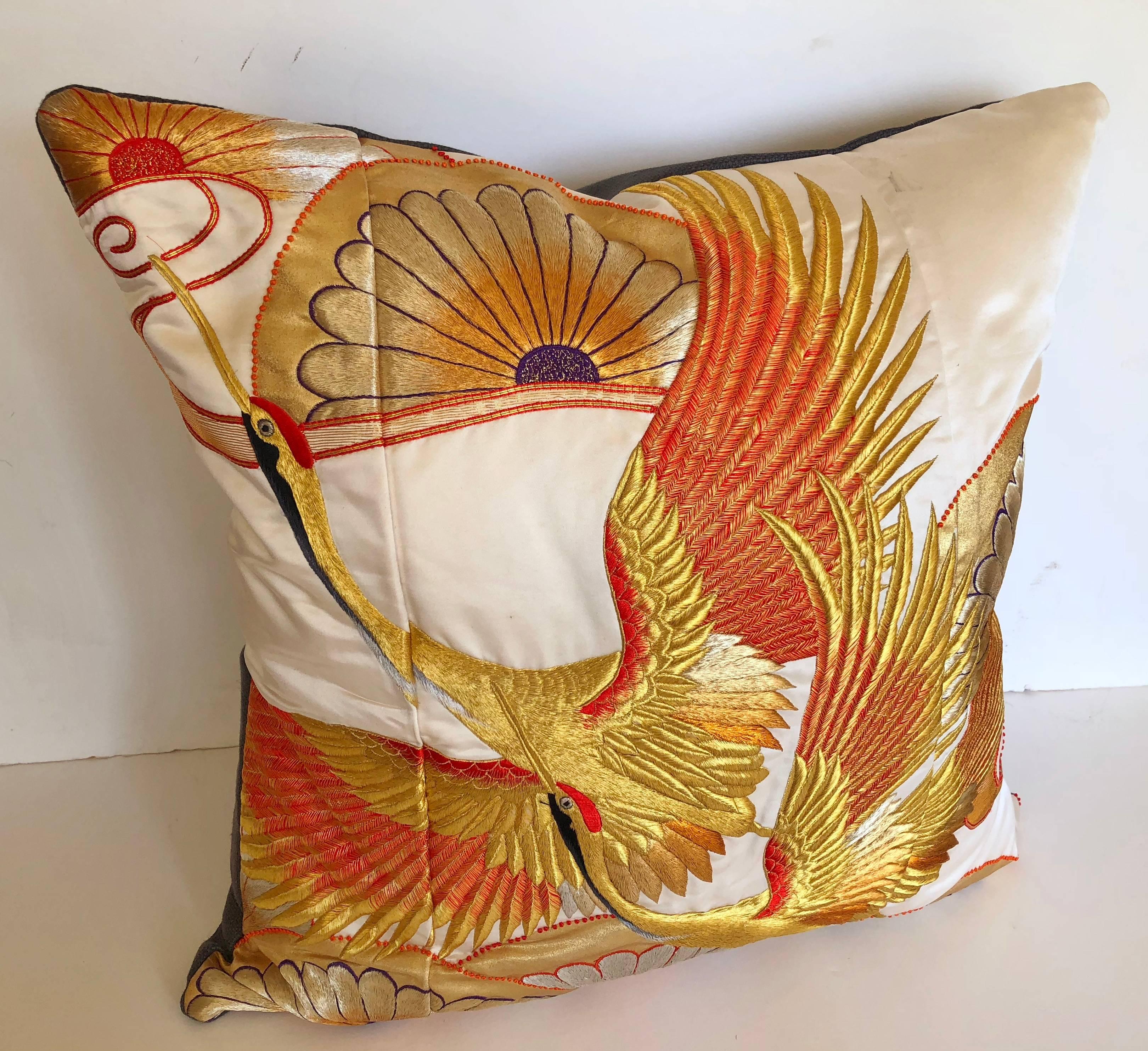 20th Century Custom Pillow Cut from a Vintage Silk Embroidered Japanese Uchikake Kimono