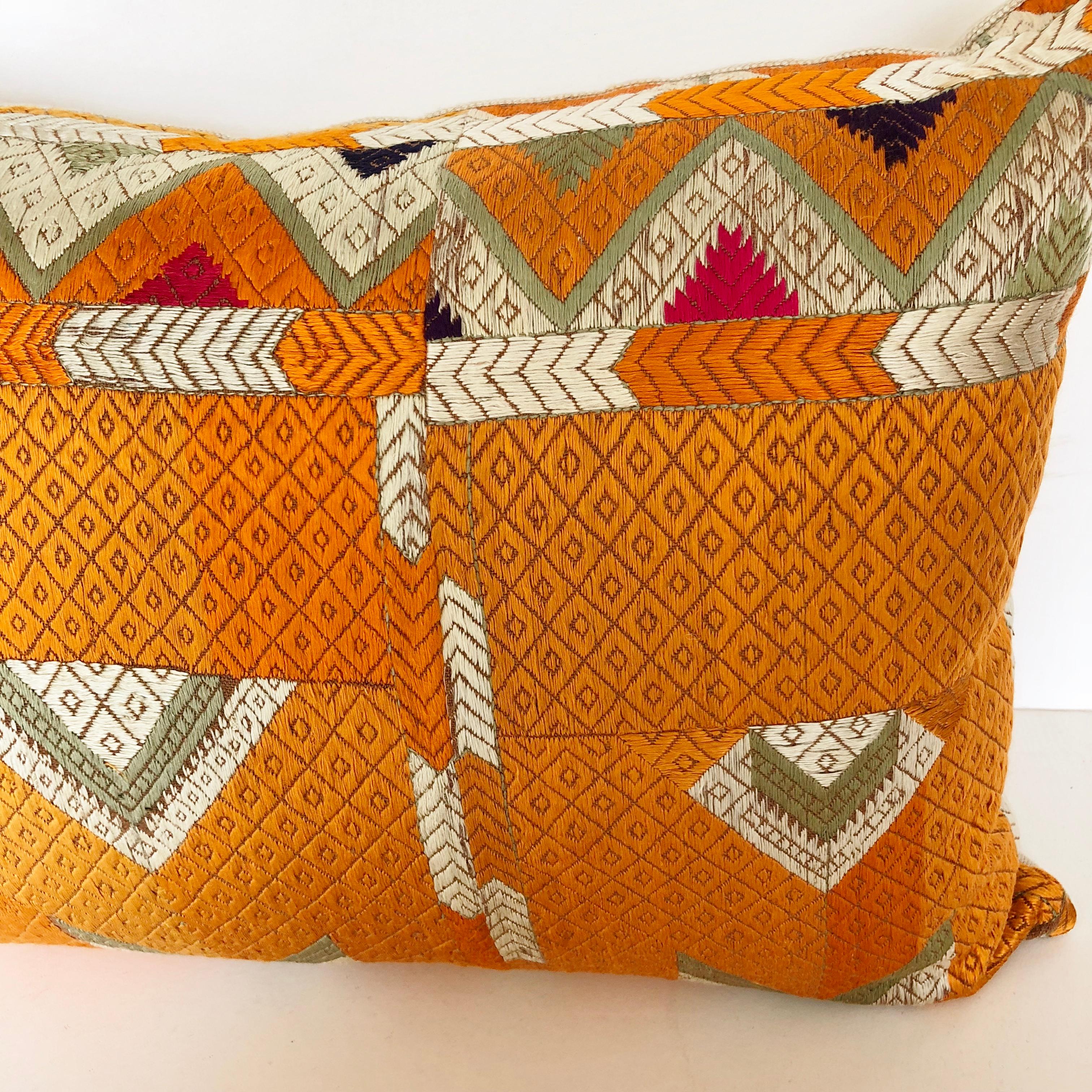 Indian Custom Pillow Cut from a Vintage Silk Embroidered Phulkari Bagh Wedding Shawl For Sale