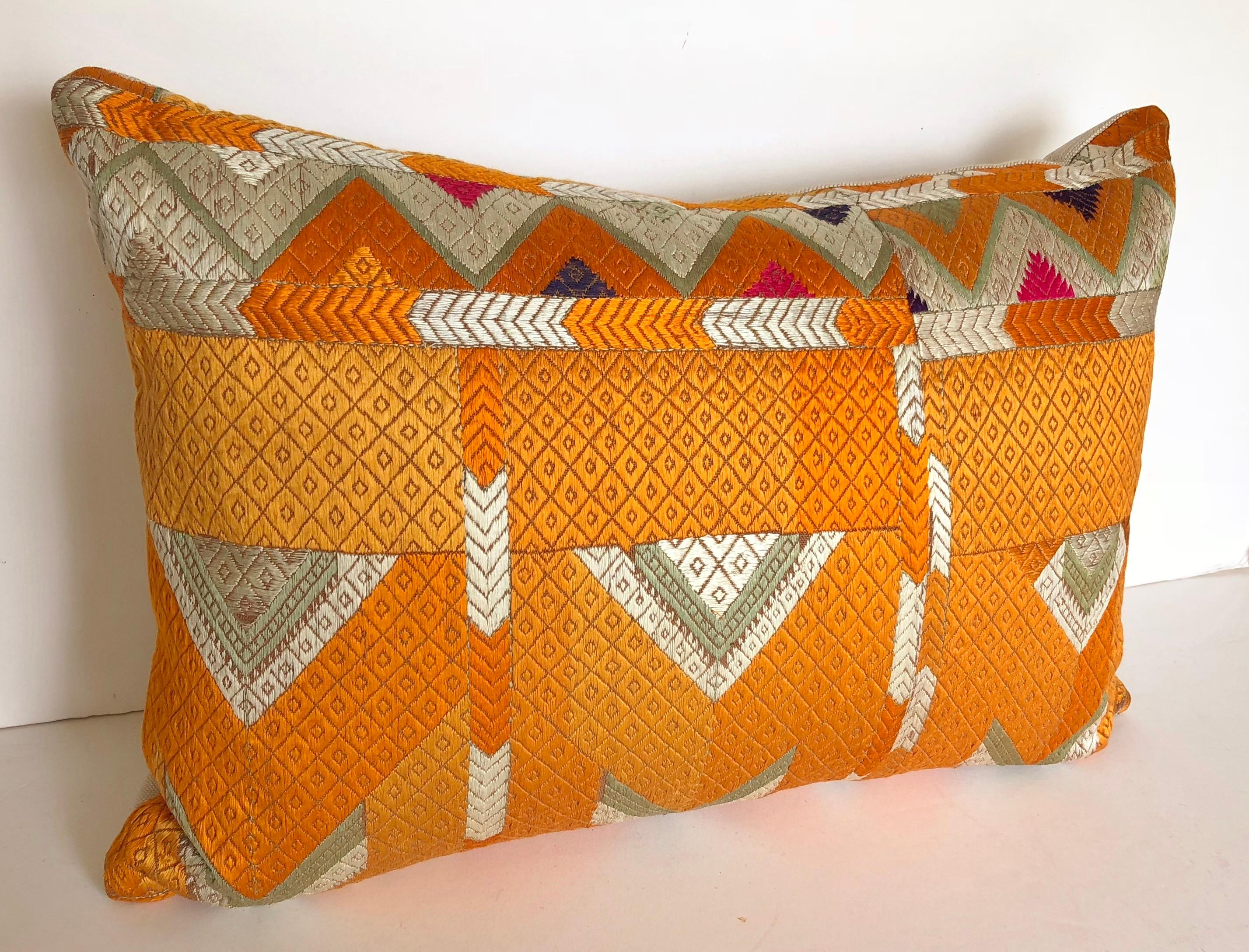 Custom Pillow Cut from a Vintage Silk Embroidered Phulkari Bagh Wedding Shawl In Good Condition For Sale In Glen Ellyn, IL