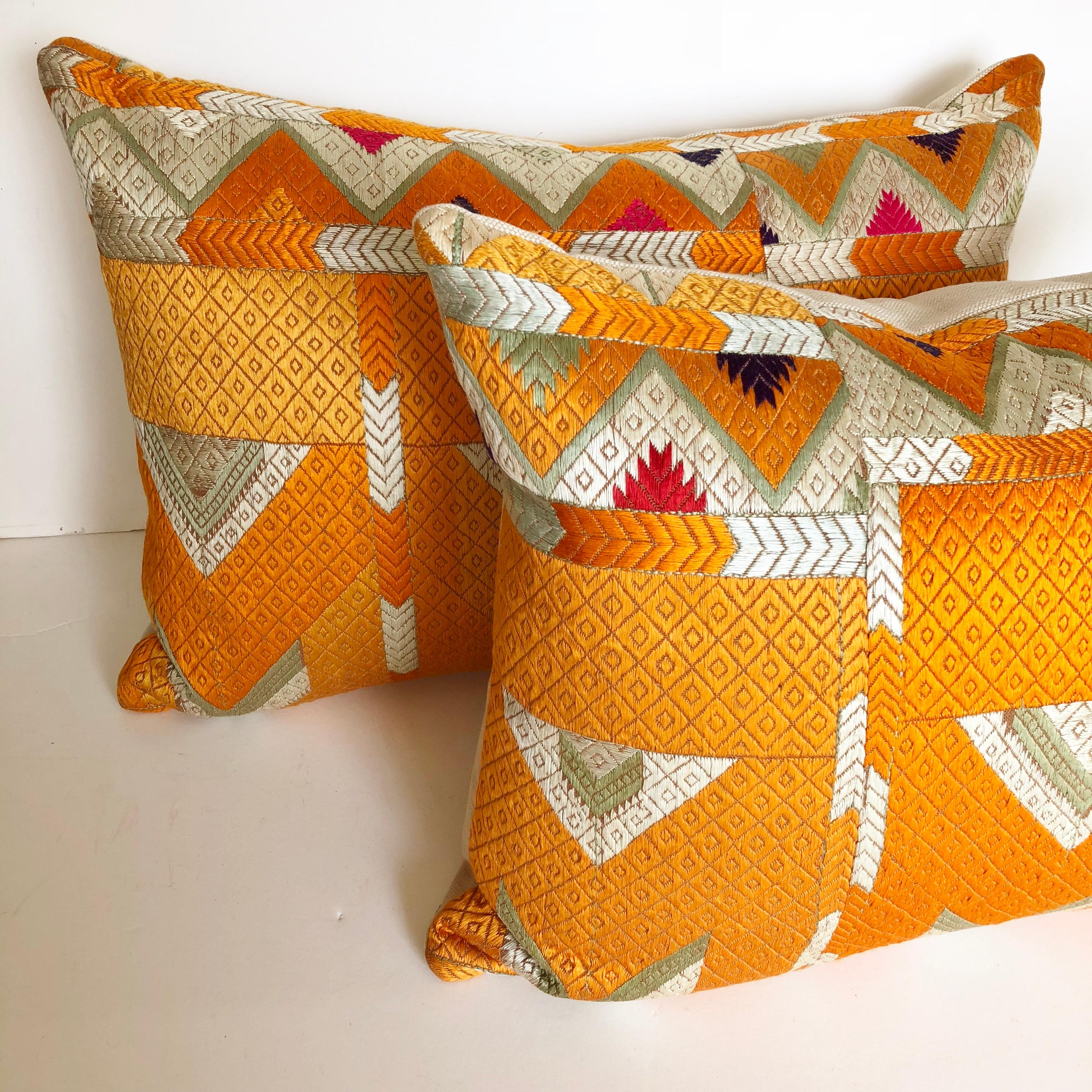 20th Century Custom Pillow Cut from a Vintage Silk Embroidered Phulkari Bagh Wedding Shawl For Sale