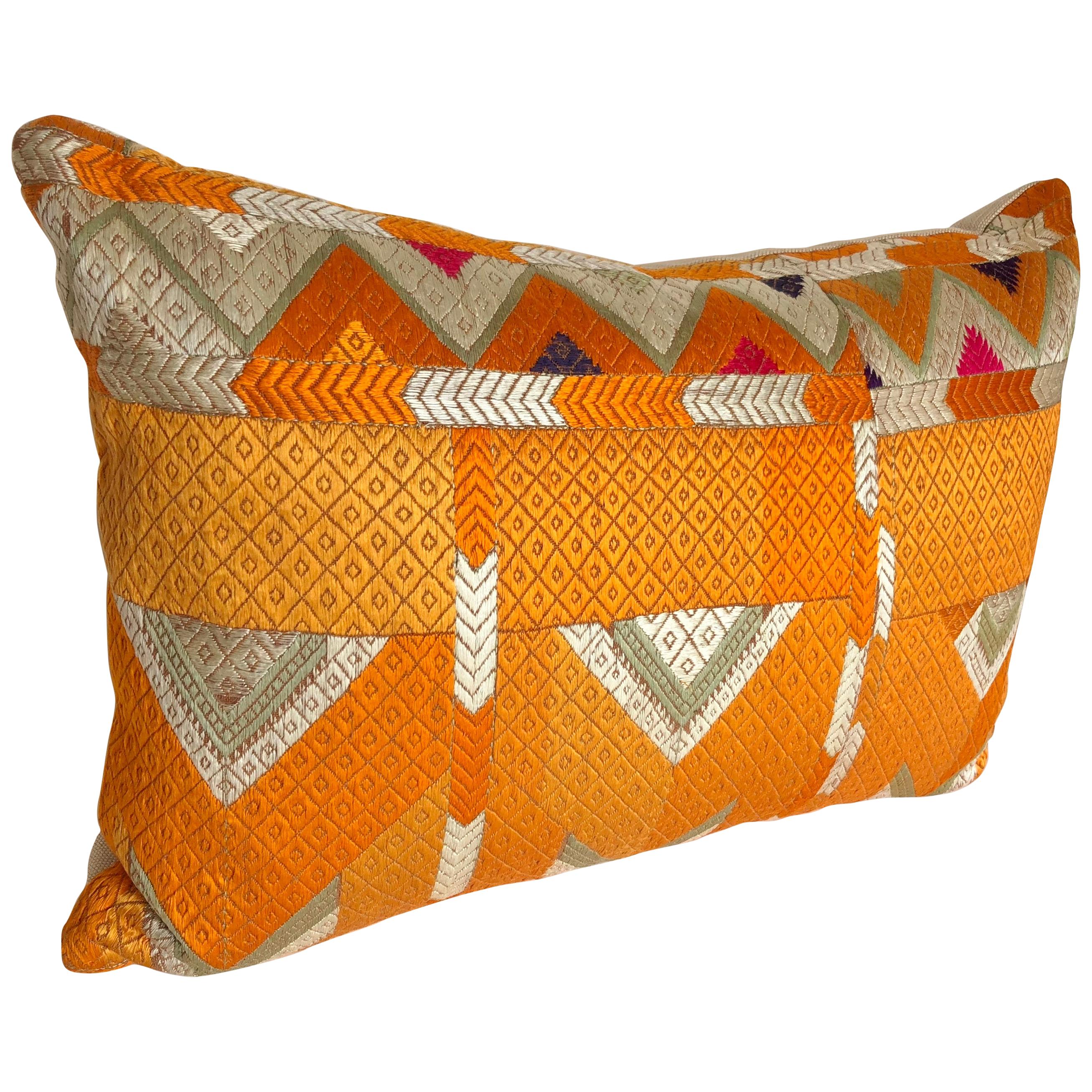 Custom Pillow Cut from a Vintage Silk Embroidered Phulkari Bagh Wedding Shawl For Sale