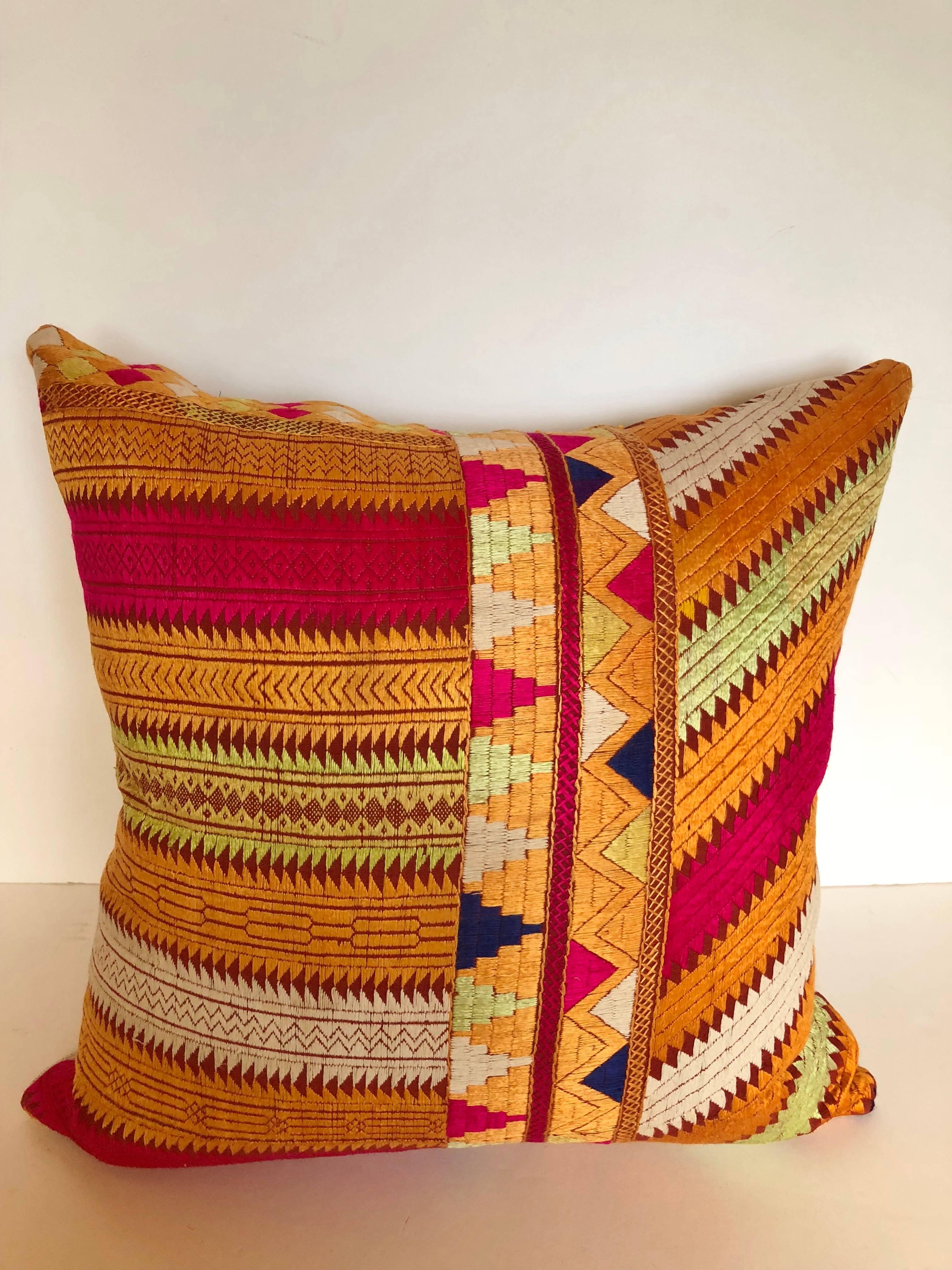 Indian Custom Pillow by Maison Suzanne Cut from a Vintage Silk Embroidered Phulkari  For Sale