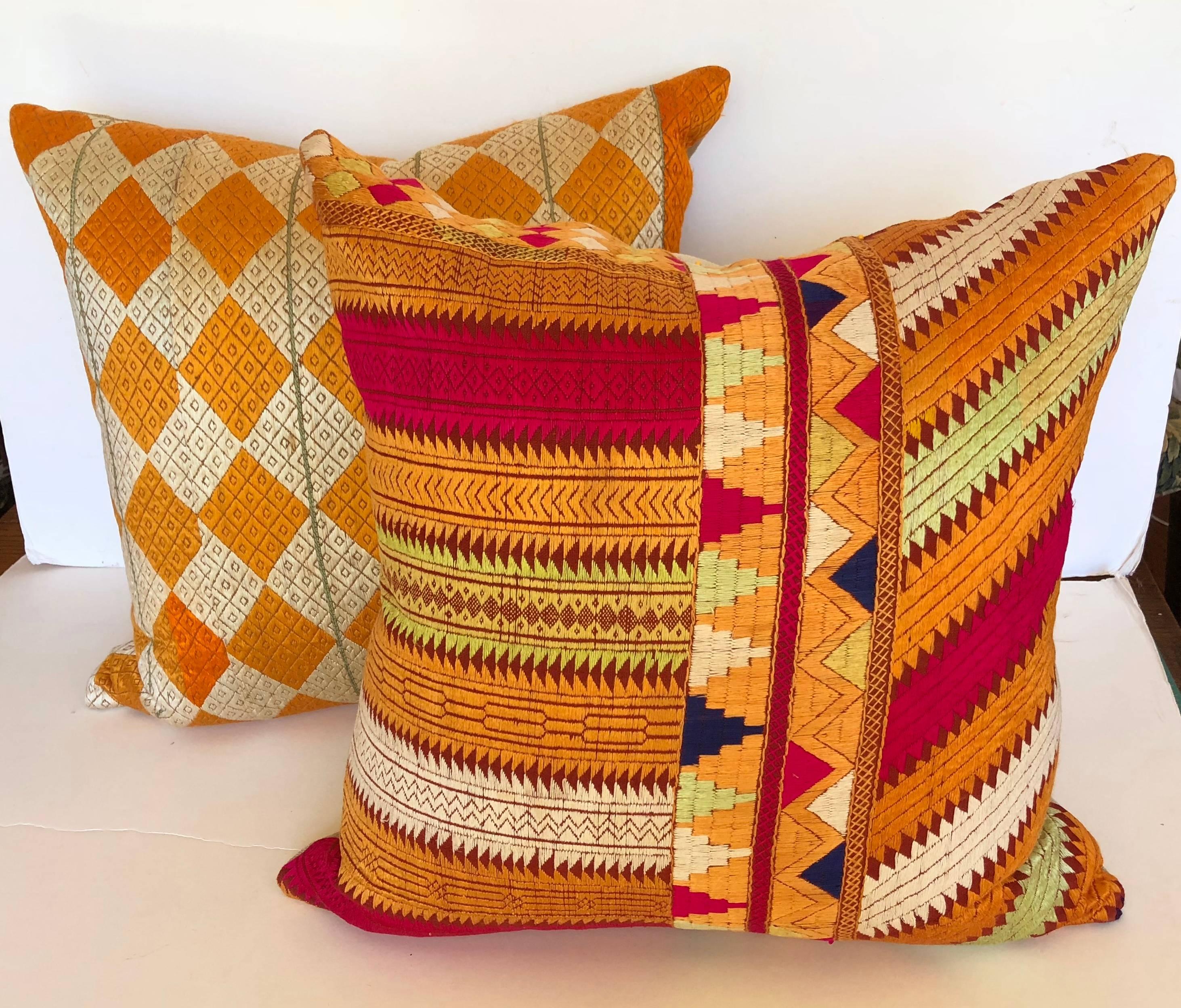 20th Century Custom Pillow by Maison Suzanne Cut from a Vintage Silk Embroidered Phulkari  For Sale
