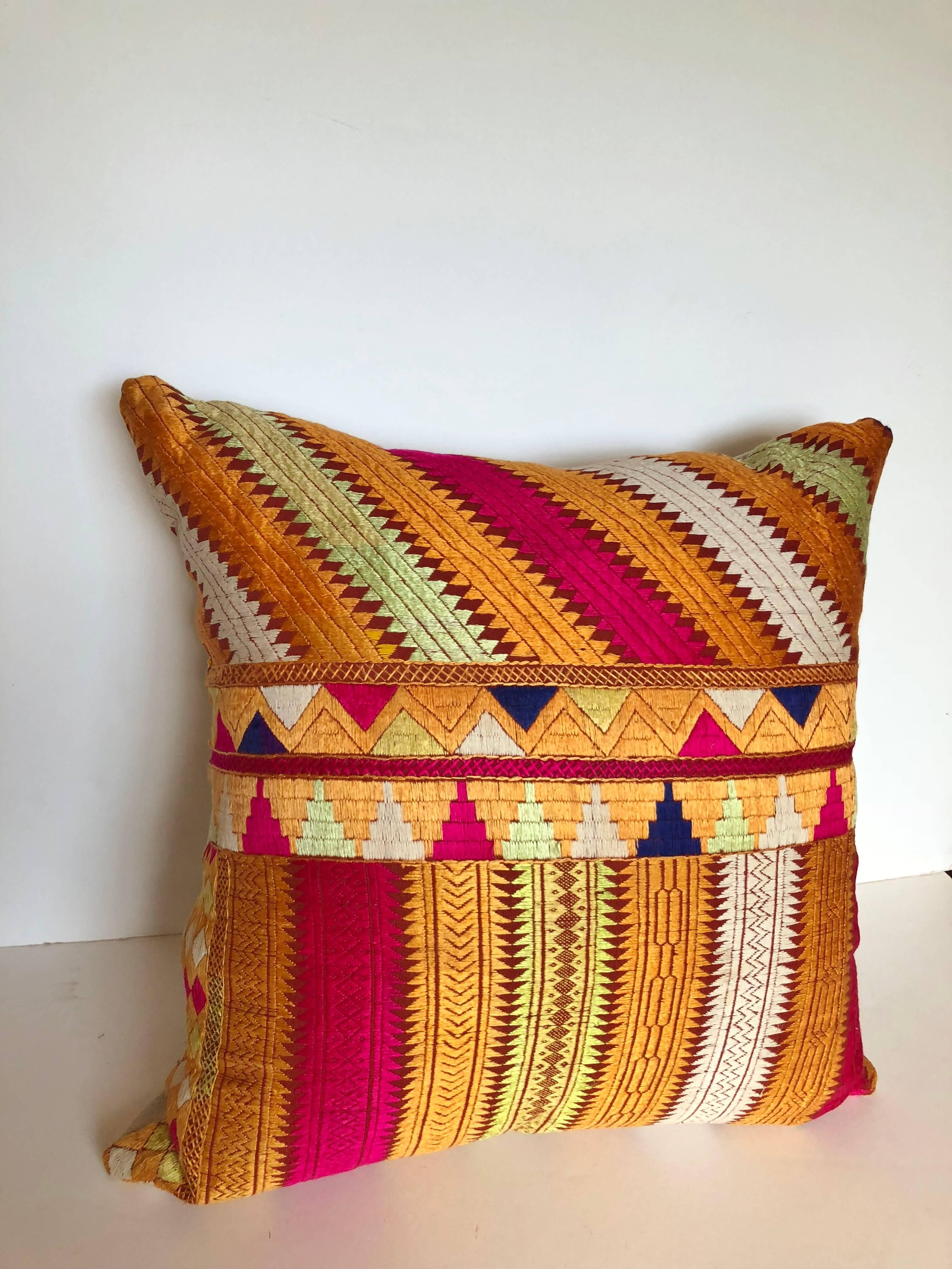 Custom Pillow by Maison Suzanne Cut from a Vintage Silk Embroidered Phulkari  For Sale 1